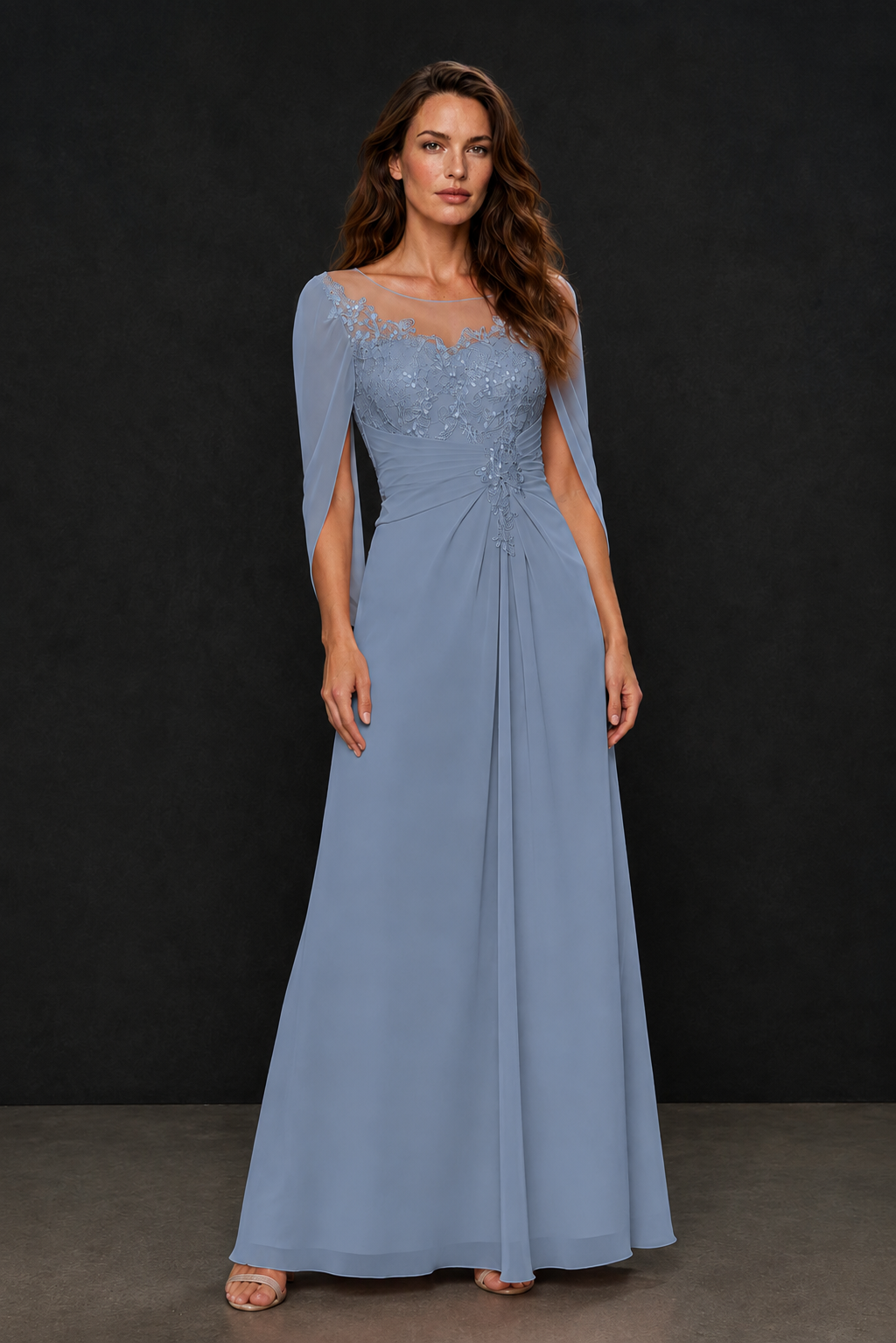 BOLODOO Dusty Blue Illusion Lace One-Side Cape Sleeve Beaded Chiffon Floor Length Gown | Mother of the Bride Evening Dress - Dusty Blue