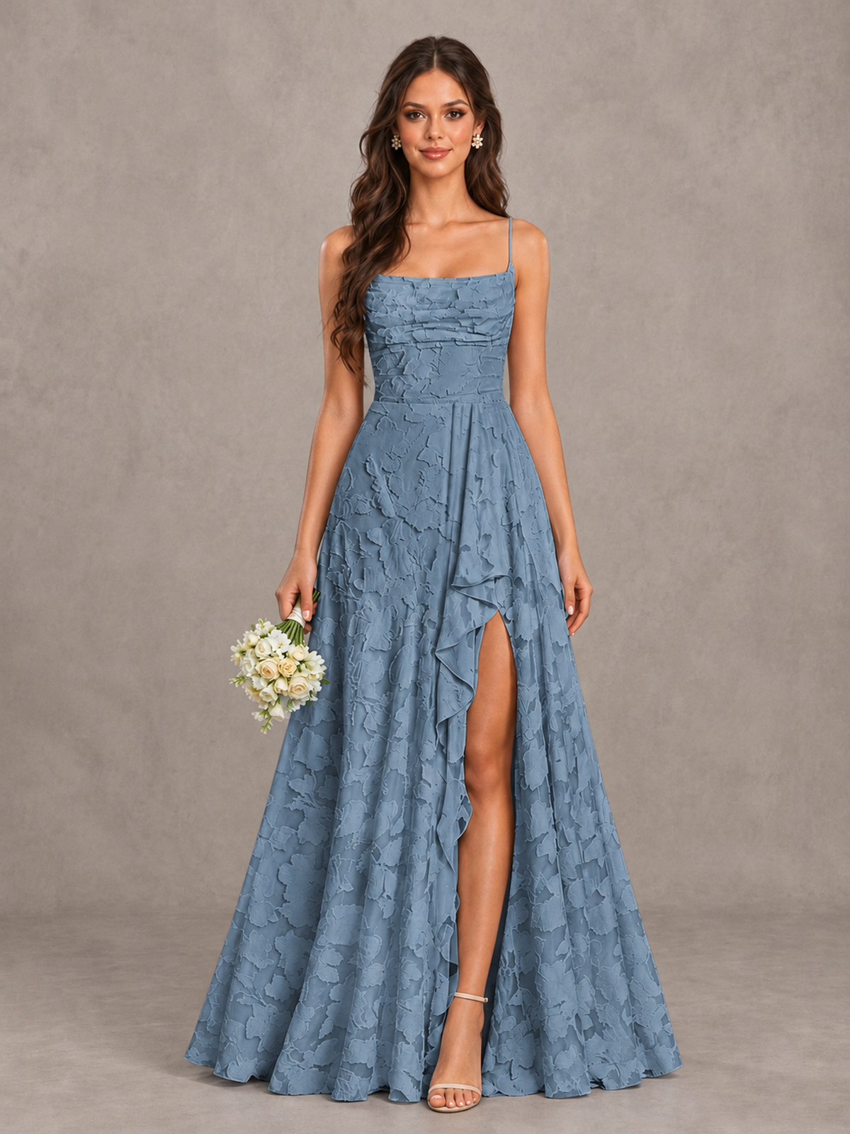 BOLODOO Dusty Blue Floral Appliqué Slit Maxi Dress - Dusty Blue - Dusty Blue (1)