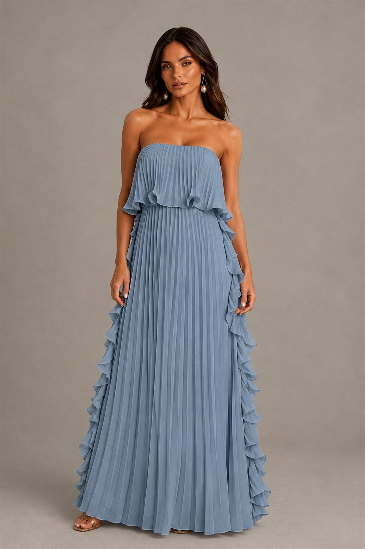 BOLODOO Dusty Blue Strapless Ruffle Bodice Dual Cascading Ruffle Accordion Pleated Chiffon Maxi Dress - Dusty Blue