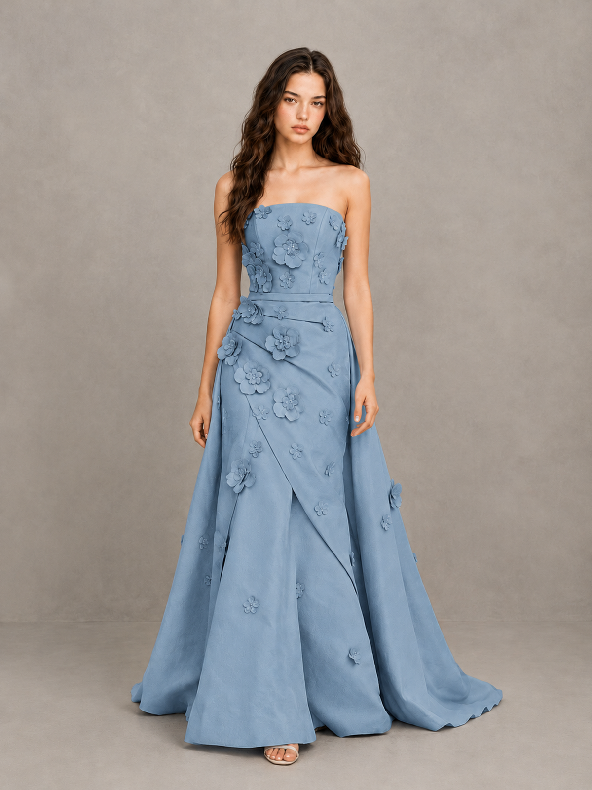 BOLODOO Dusty Blue Strapless 3D Floral Applique Prom Gown with Draped Skirt - Dusty Blue - Dusty Blue (1)