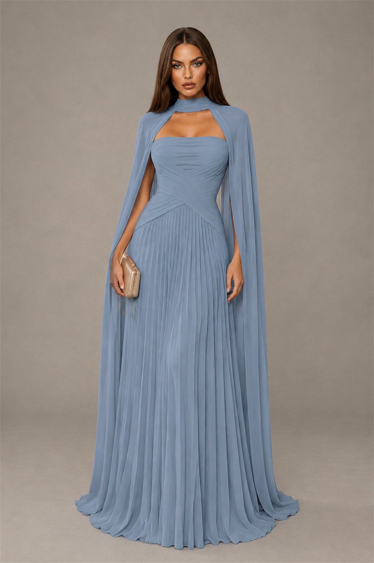 BOLODOO Dusty Blue Strapless Crossover Ruched Bodice Detached Turtleneck Cape Lace-Up Back Pleated Chiffon Maxi Dress - Dusty Blue