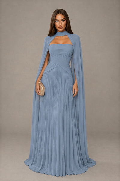 BOLODOO Dusty Blue Strapless Crossover Ruched Bodice Detached Turtleneck Cape Lace-Up Back Pleated Chiffon Maxi Dress - Dusty Blue