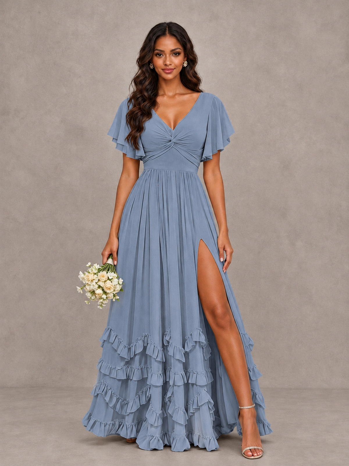 BOLODOO Dusty Blue V-Neck Flutter Sleeve Ruffle Bridesmaid Dress with Slit - Dusty Blue - Dusty Blue (1)