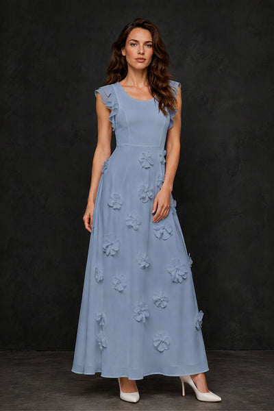 BOLODOO Dusty Blue Scoop Neck Flutter Sleeve 3D Floral Appliqué A-Line Chiffon Maxi Dress - Dusty Blue
