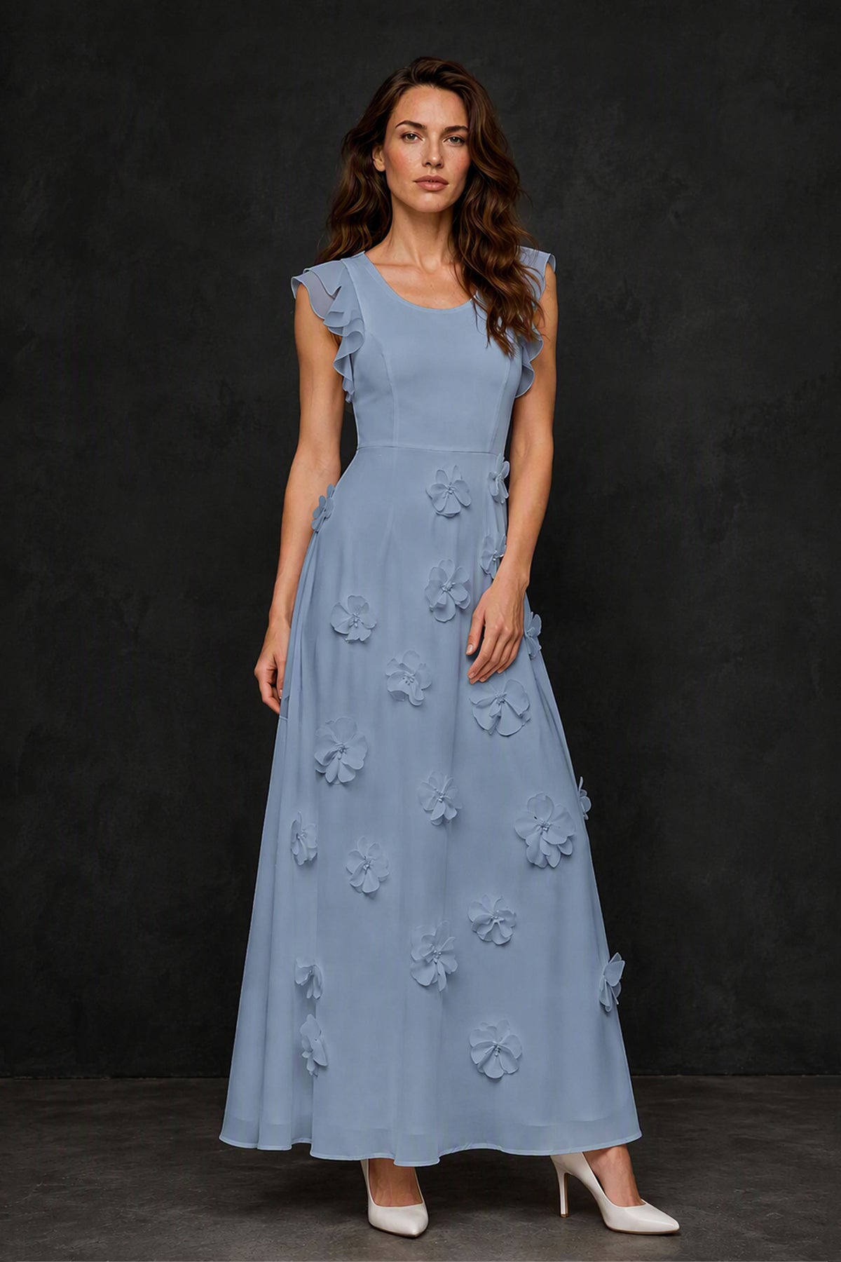 BOLODOO Dusty Blue Scoop Neck Flutter Sleeve 3D Floral Appliqué A-Line Chiffon Maxi Dress - Dusty Blue