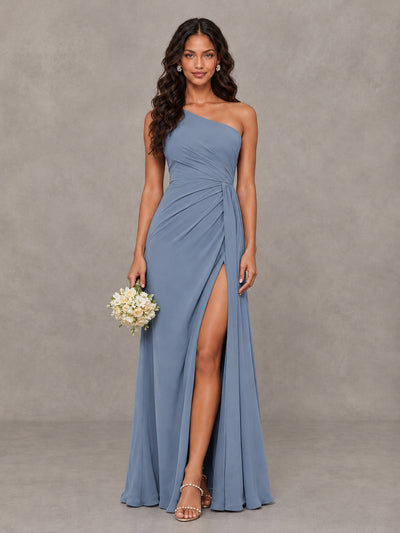BOLODOO Dusty Blue One-Shoulder Chiffon Bridesmaid Dress with Ruched Bodice & High Slit - Dusty Blue - Dusty Blue (1)