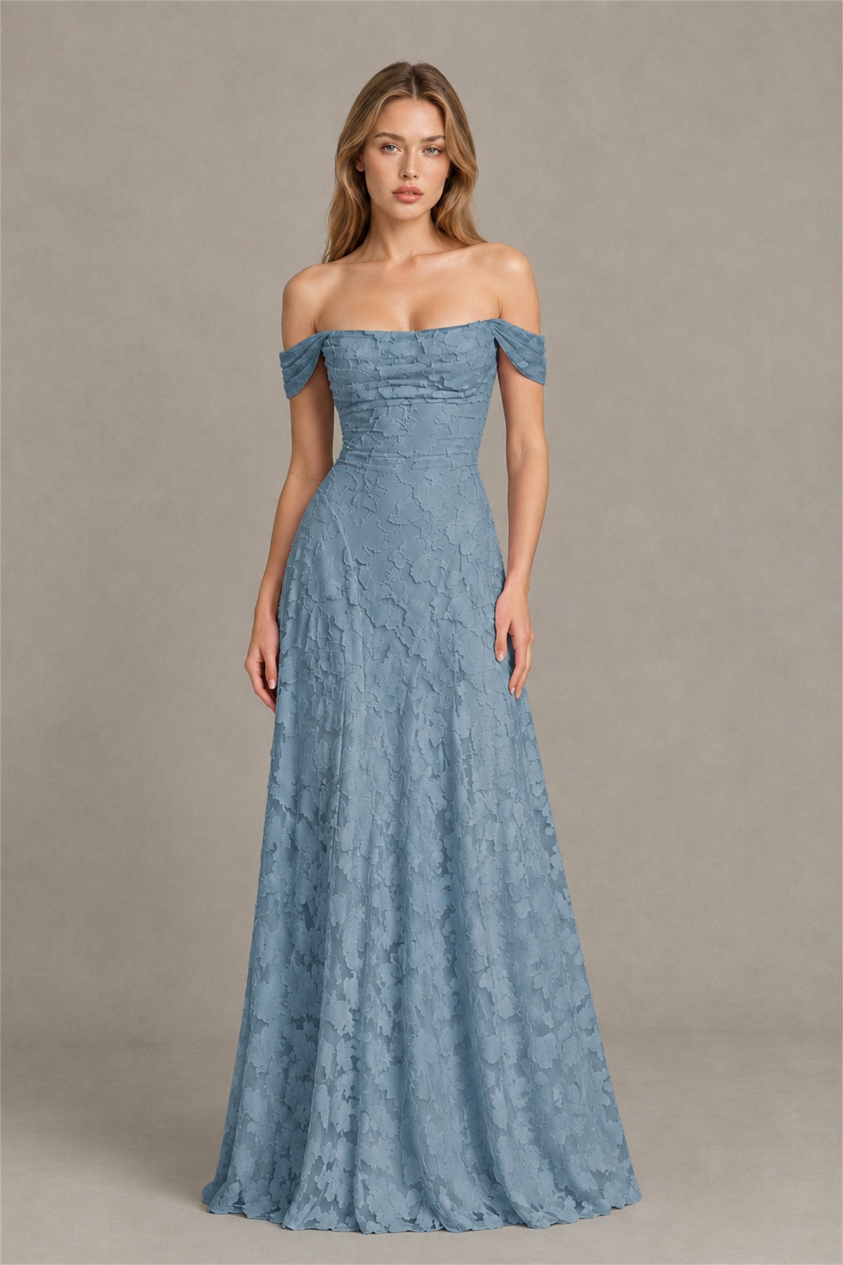 BOLODOO Dusty Blue Off-Shoulder Pleated A-Line Maxi Dress Floral - Dusty Blue