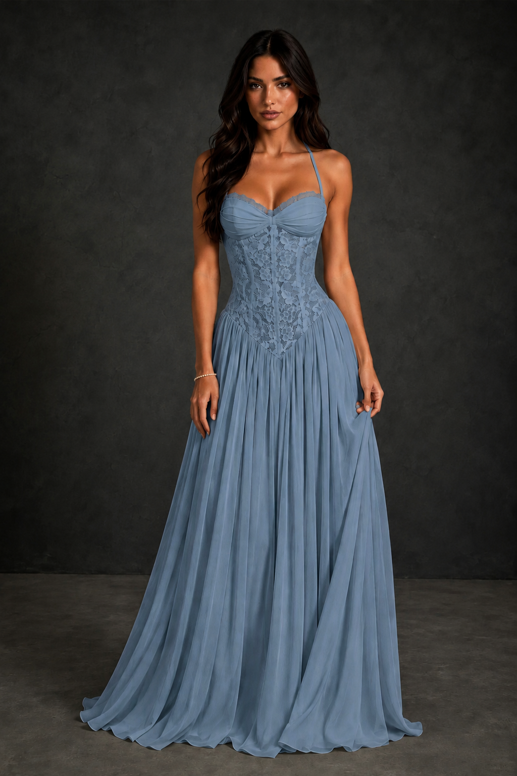BOLODOO Dusty Blue Lace Corset Halter Maxi Gown – Backless A-Line Formal Dress - Dusty Blue