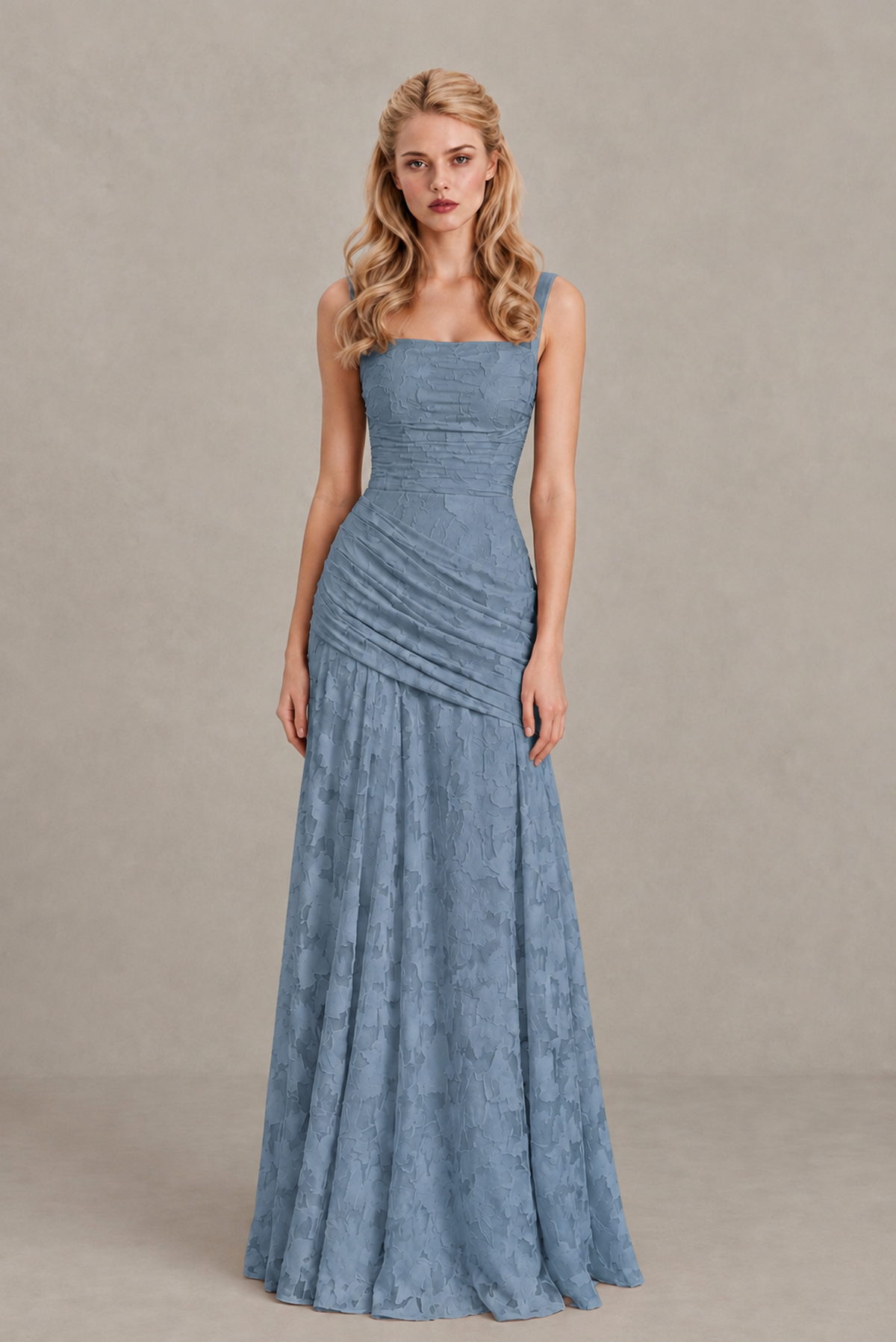 BOLODOO Dusty Blue Ruched Floral Maxi Dress with Lace-Up Back - Dusty Blue