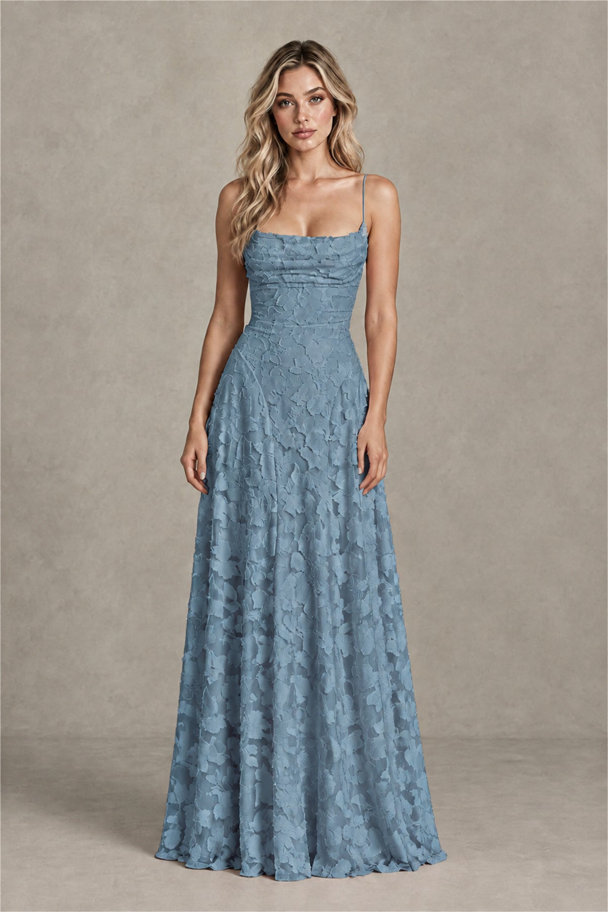 BOLODOO Dusty Blue Floral Appliqué Lace-Up Back Maxi Dress - Dusty Blue