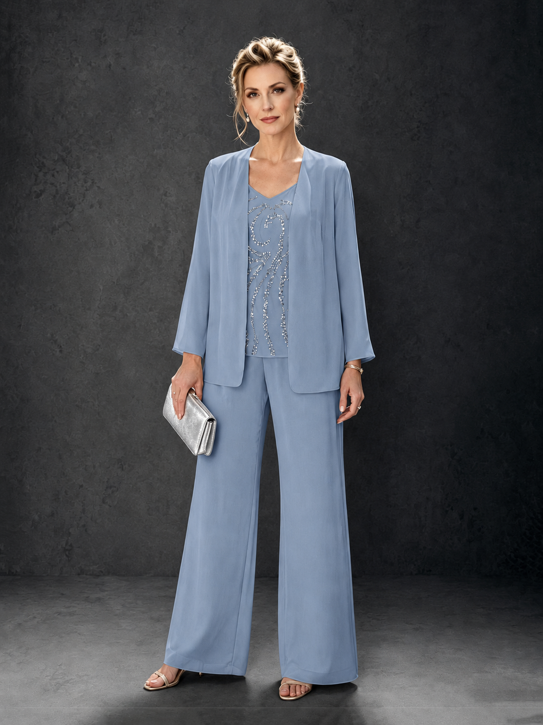 BOLODOO Dusty Blue 3-Piece Mother of the Bride Pant Suit with Beaded Top & Chiffon Jacket - Dusty Blue