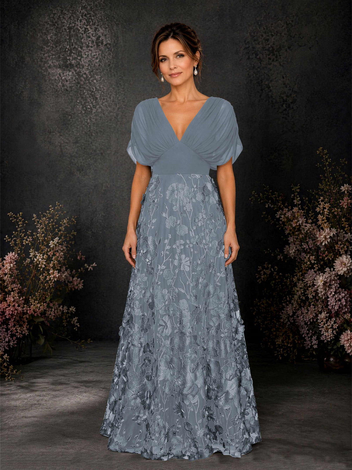 BOLODOO Dusty Blue & Dusty Blue Chiffon V-Neck Flutter Sleeve Floral Embroidered A-Line Gown BD0414 - Dusty Blue