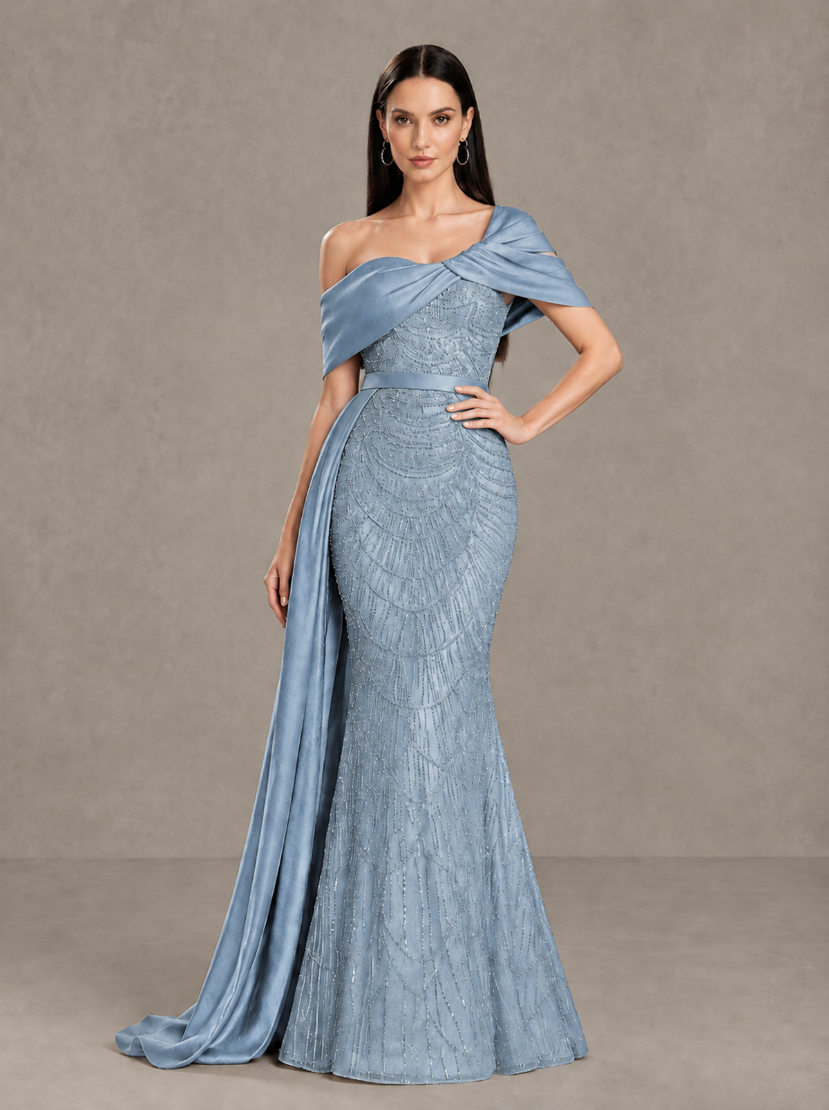 BOLODOO Dusty Blue Asymmetric Draped Mermaid Evening Gown with Train - Dusty Blue - Dusty Blue (1)