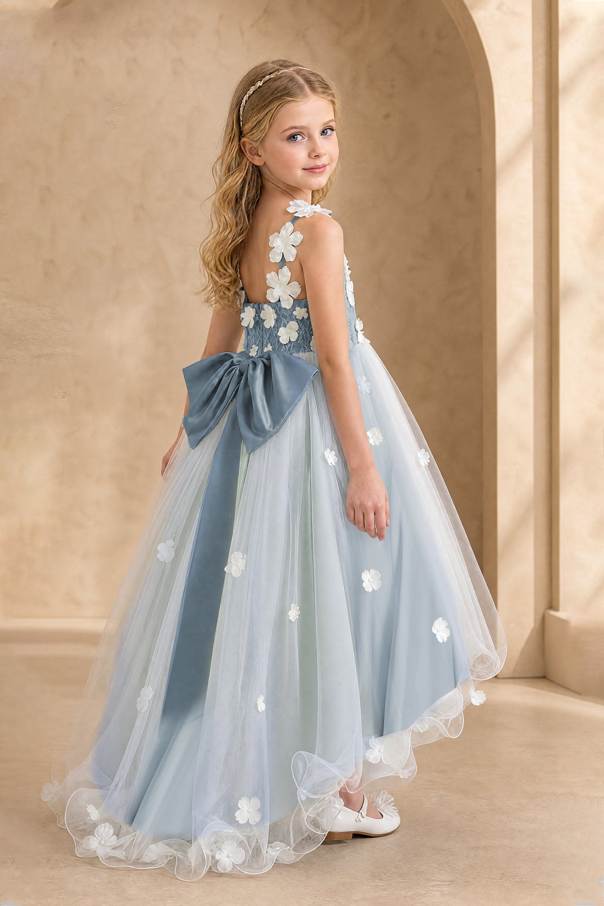 BOLODOO Dusty Blue Flower Girl Dress with Floral Appliqué and High-Low Tulle Skirt - Dusty Blue