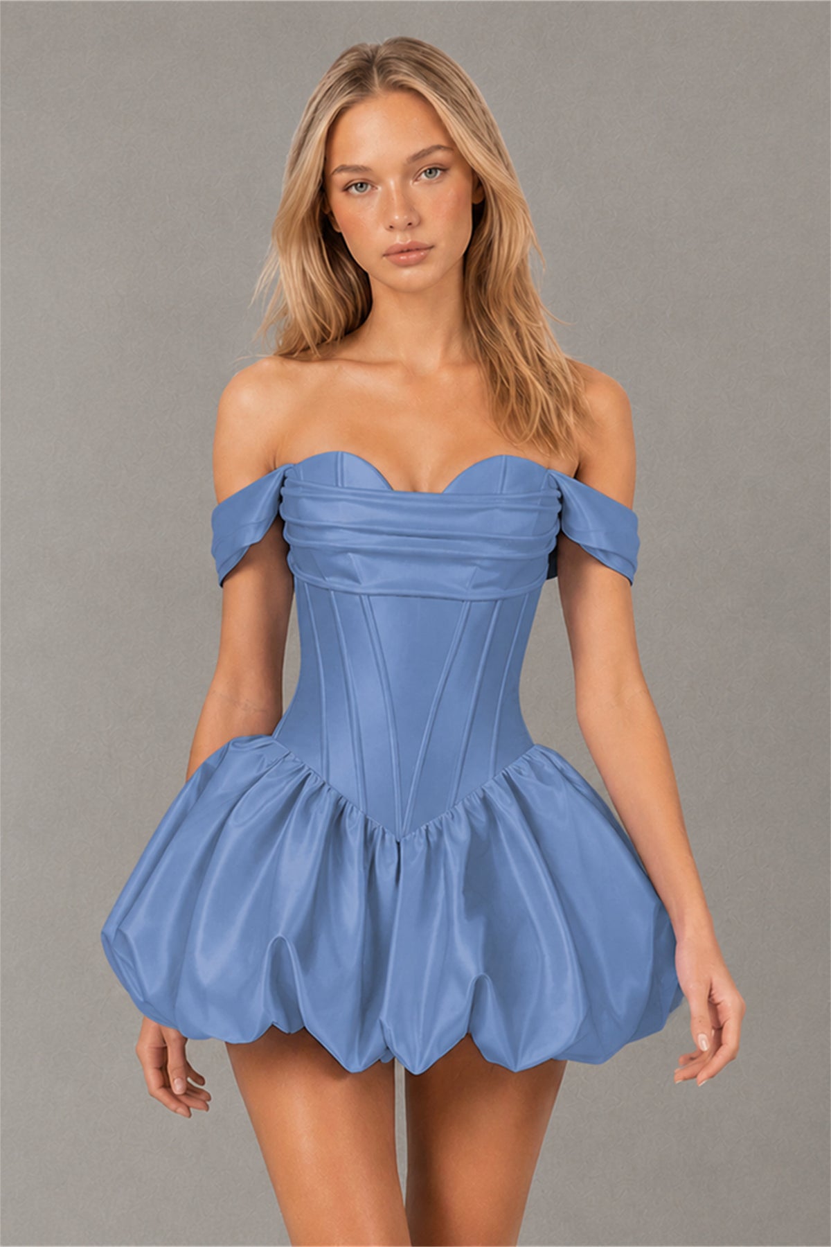 BOLODOO Dusty Blue Off-Shoulder Satin Corset Bubble Mini Dress - Dusty Blue