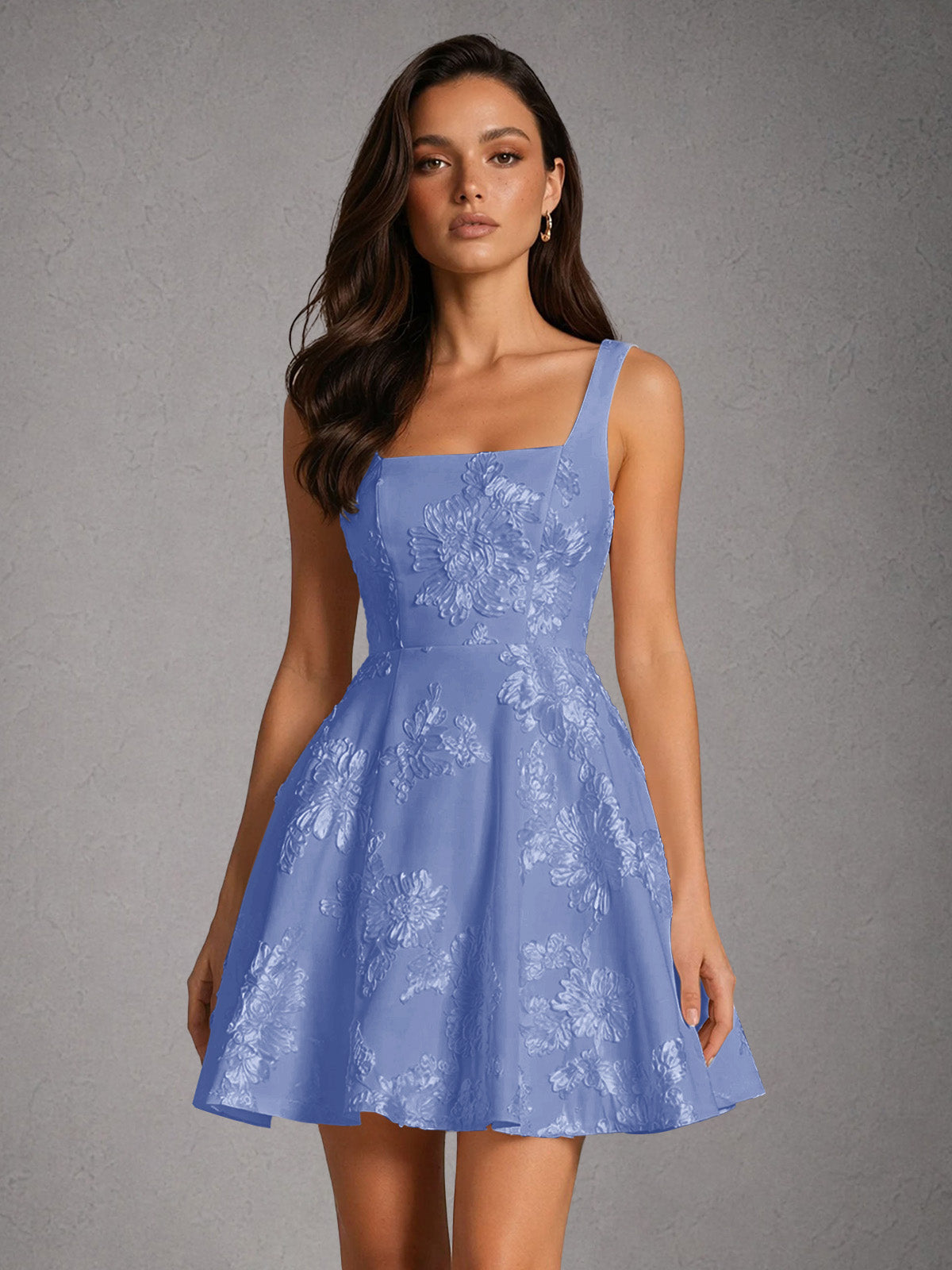 BOLODOO Pearl Dusty Blue Iridescent Floral Embroidered Square Neck Wide Strap A-Line Mini Dress with Lace-Up Back - Dusty Blue