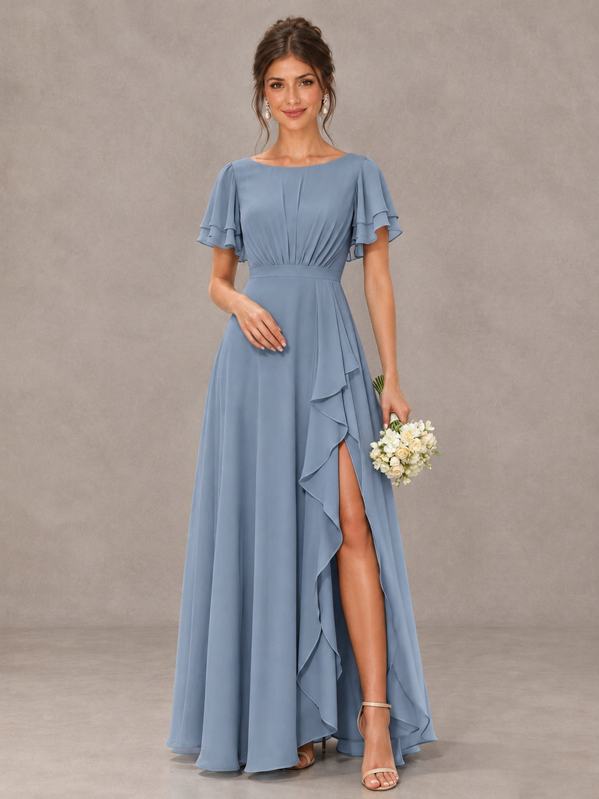 BOLODOO Dusty Blue Flutter Sleeve Ruffle Bridesmaid Dress with Slit - Dusty Blue - Dusty Blue (1)
