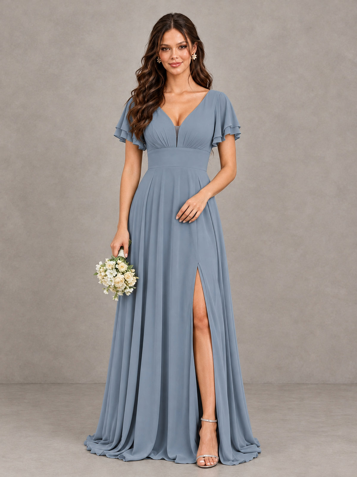BOLODOO Dusty Blue Flutter Sleeve Chiffon A-Line Maxi Bridesmaid Dress with Open Back & Slit - Dusty Blue - Dusty Blue (1)