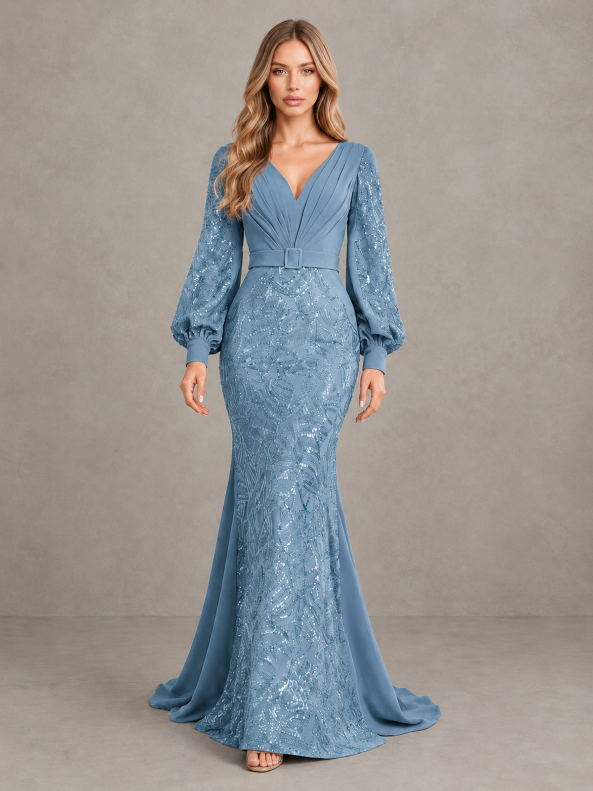 BOLODOO Dusty Blue Sequin Long Bishop Sleeve Mermaid Evening Dress - Dusty Blue - Dusty Blue (1)