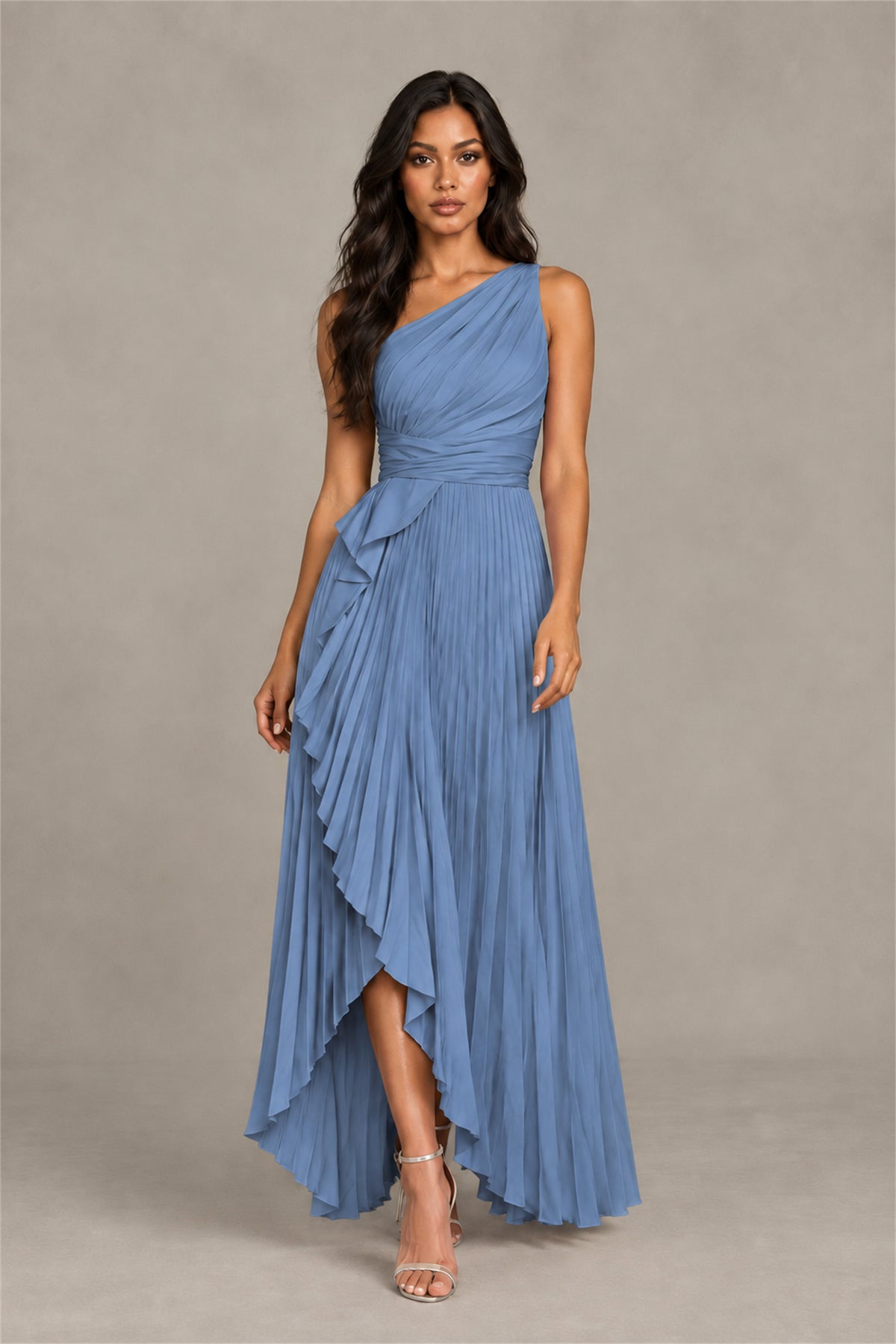 BOLODOO Dusty Blue One-Shoulder High-Low Ruffle Maxi Dress - Dusty Blue