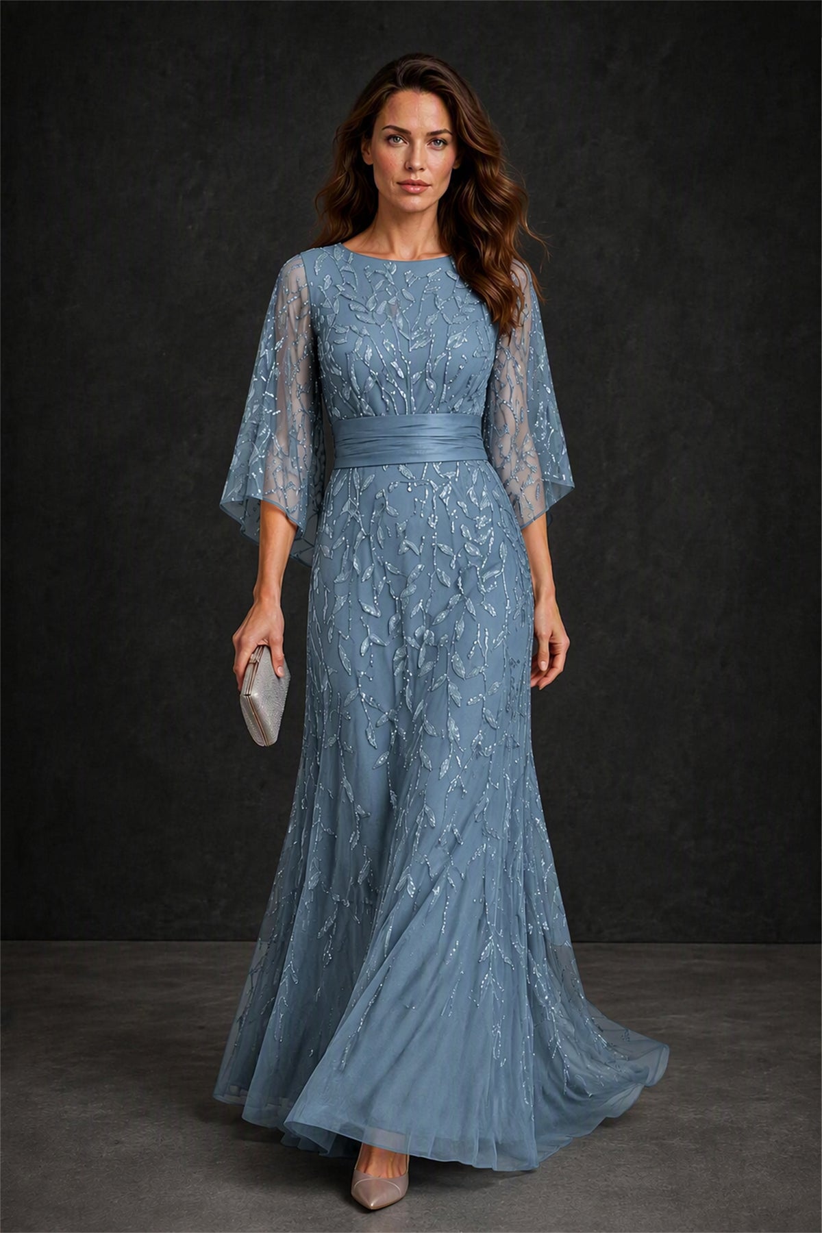 BOLODOO Dusty Blue Bateau Neck Bell Sleeve Sequin Embroidered Satin Waist A-Line Maxi Dress - Dusty Blue
