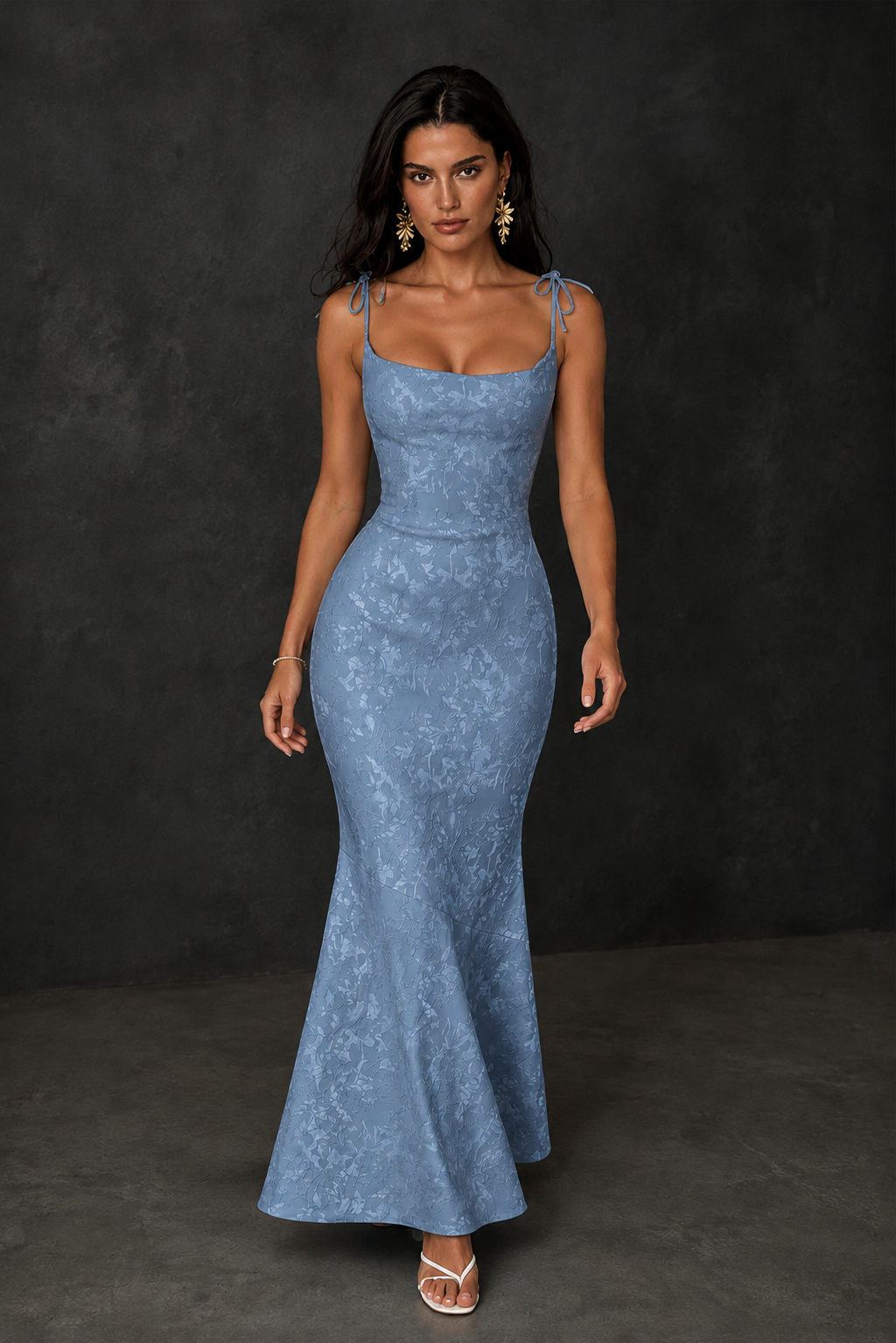 BOLODOO Dusty Blue Scoop Neck Tie Strap Lace-Up Back Floral Jacquard Mermaid Maxi Dress - Dusty Blue