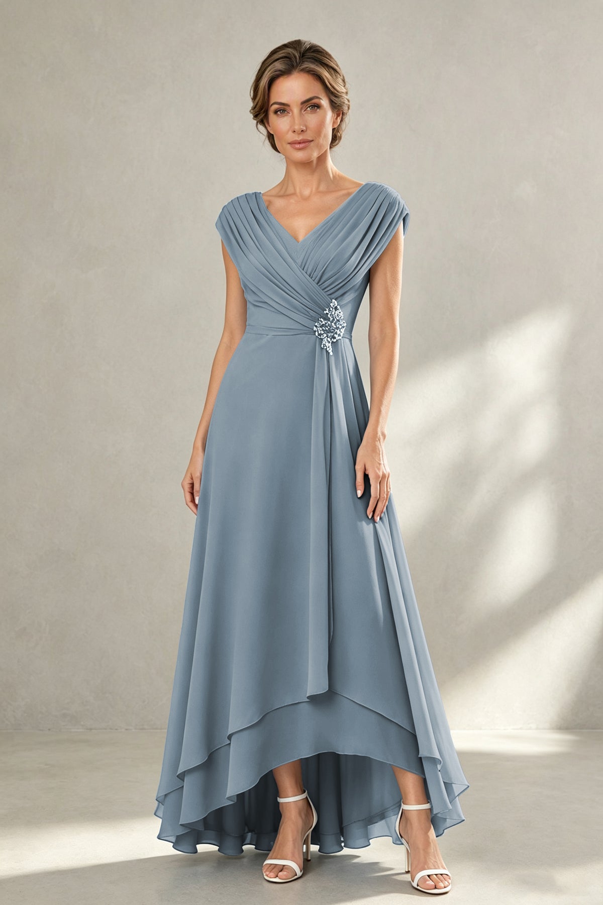 BOLODOO Dusty Blue V-Neck High-Low Mother of the Bride Dress - Dusty Blue