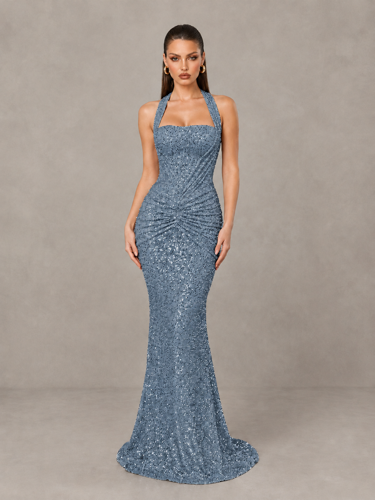 BOLODOO Dusty Blue Sequin Halter Mermaid Evening Gown - Dusty Blue - Dusty Blue (1)