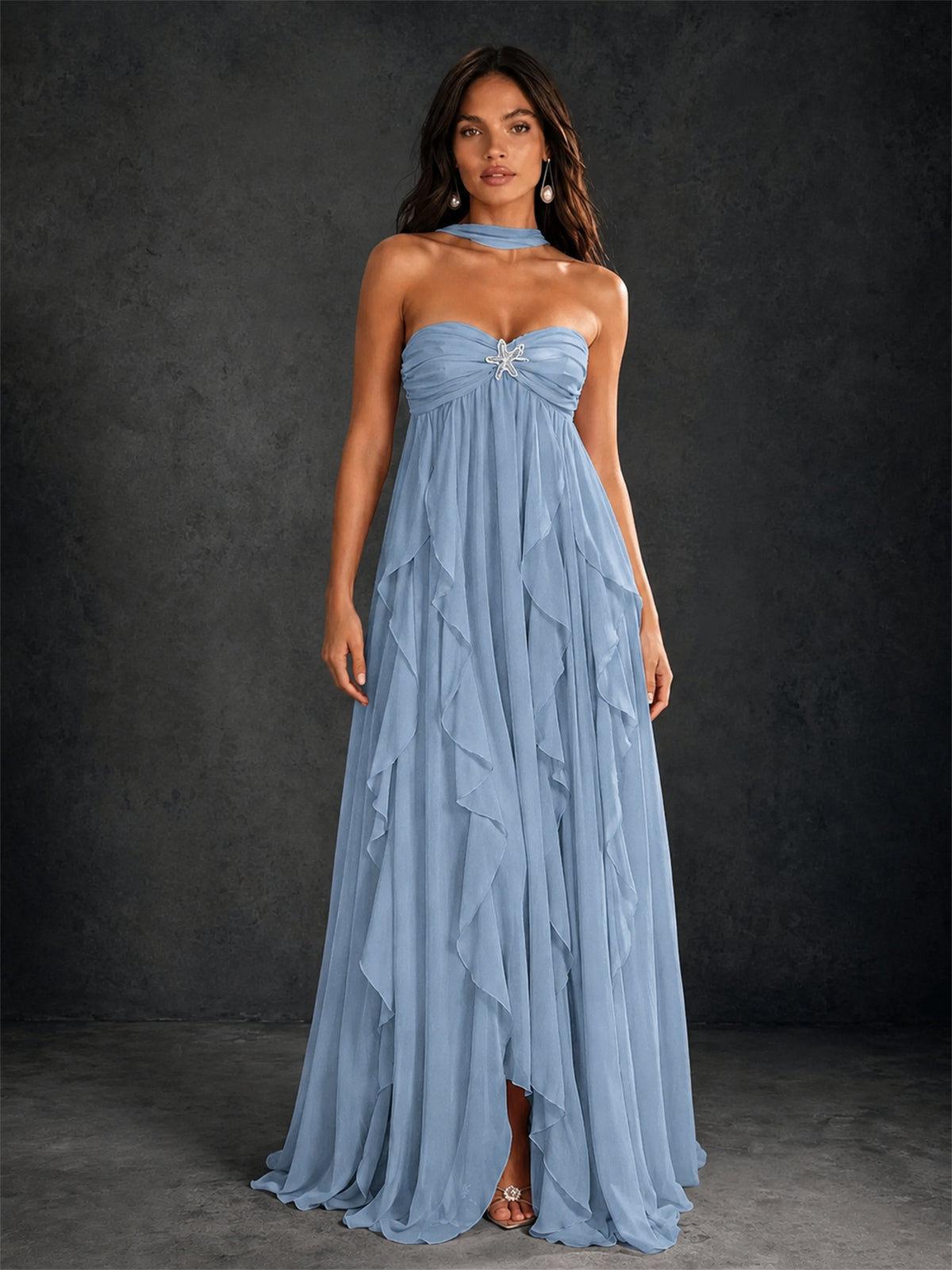 BOLODOO Dusty Blue Halter Neck Cascading Ruffle Chiffon Maxi Dress | Keyhole Open Back - Dusty Blue