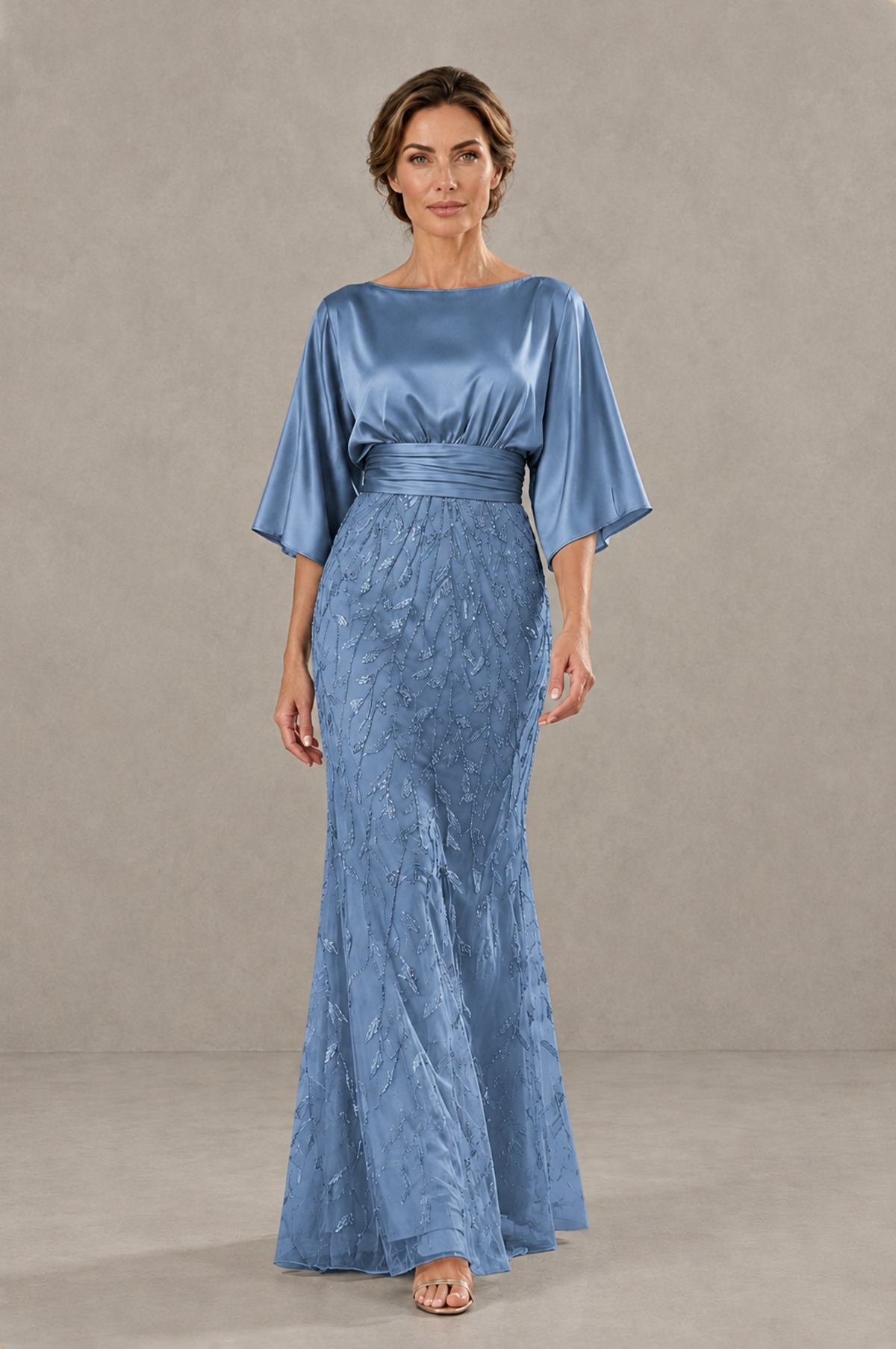 BOLODOO Dusty Blue Mother of the Bride Dress with Kimono Sleeves, Satin Bodice & Sequin Embroidered Mermaid Floor-Length Gown - Dusty Blue - Dusty Blue (1)