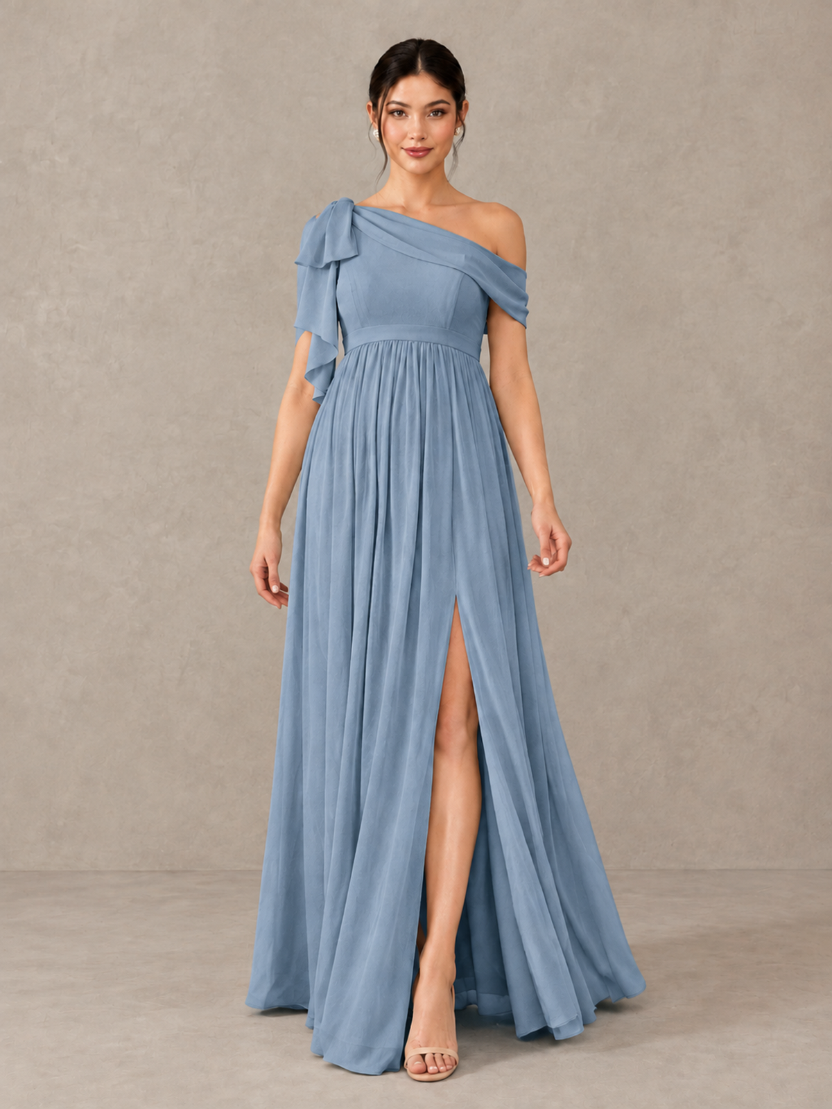 BOLODOO Dusty Blue One-Shoulder Maternity Bridesmaid Dress with Slit - Dusty Blue - Dusty Blue (1)