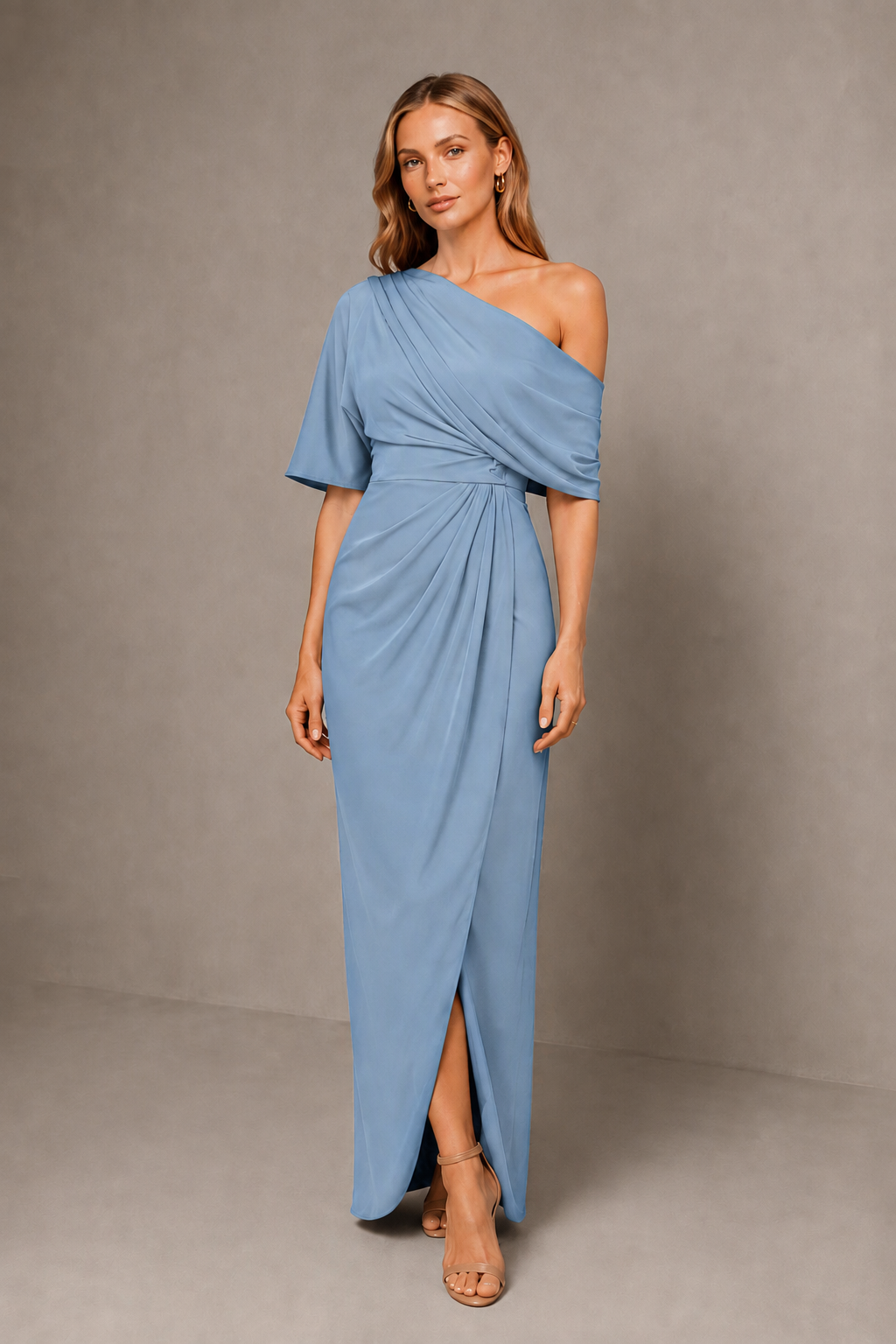 BOLODOO Dusty Blue One-Shoulder Draped Satin Maxi Dress with Front Slit - Dusty Blue - Dusty Blue
