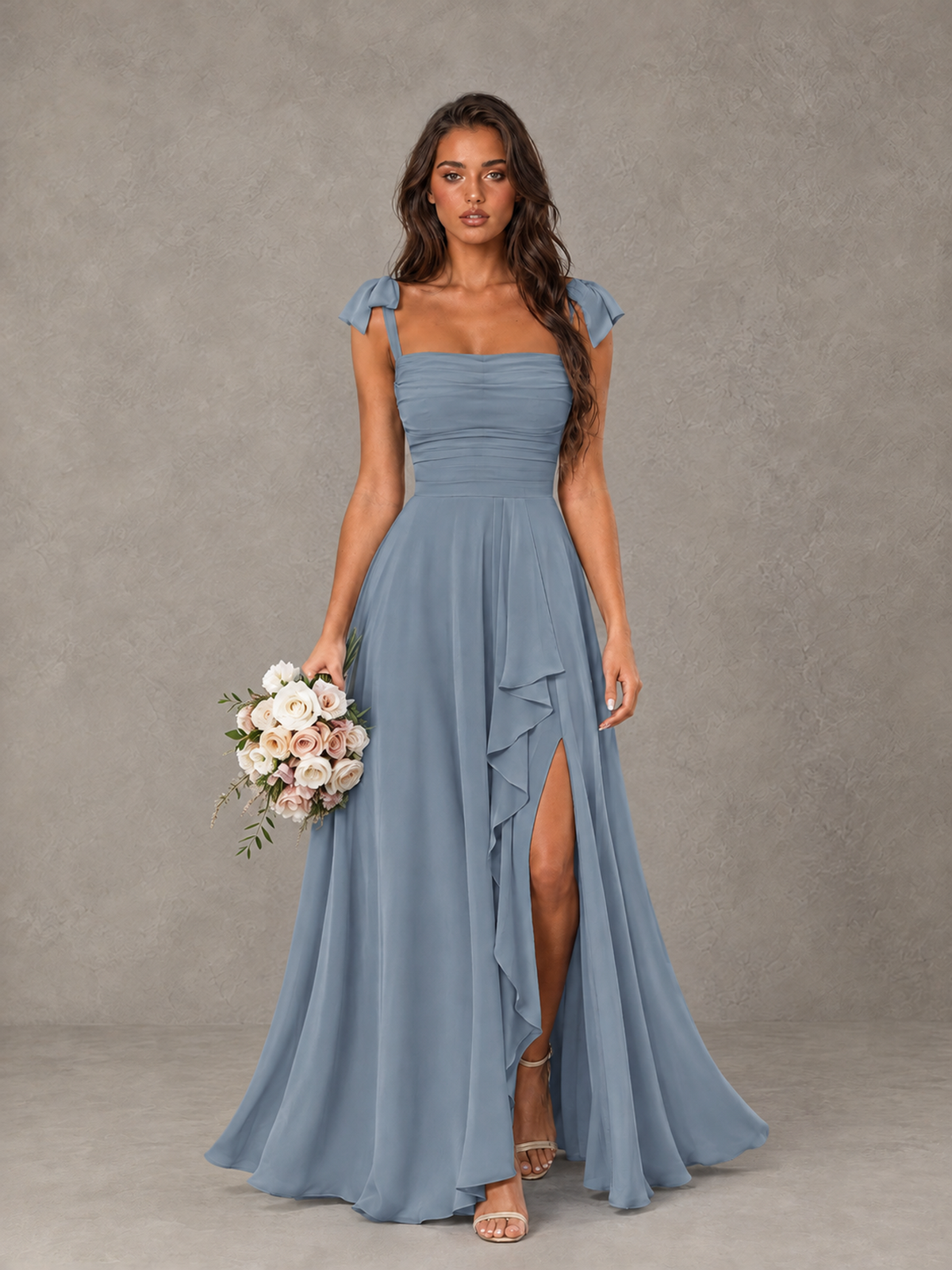 BOLODOO Dusty Blue Bow-Strap Bridesmaid Dress with Ruffle Slit - Dusty Blue - Dusty Blue (1)