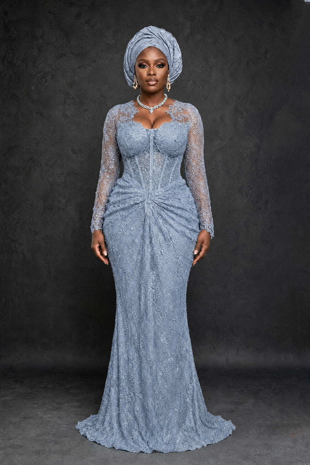 BOLODOO Dusty Blue Beaded Lace Long Sleeve Mermaid Gown Sweetheart | Mother of the Bride - Dusty Blue