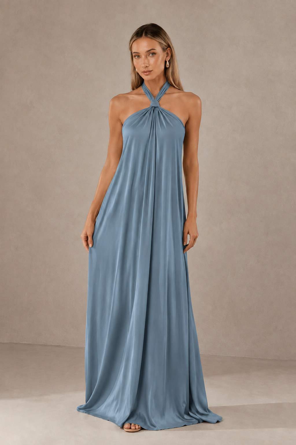 BOLODOO Dusty Blue Backless Halter Satin Bridesmaid Dress - Dusty Blue