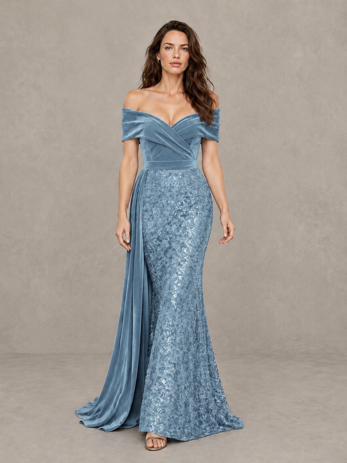 BOLODOO Dusty Blue Off-Shoulder Velvet & Sequin Evening Gown with Side Train - Dusty Blue - Dusty Blue (1)