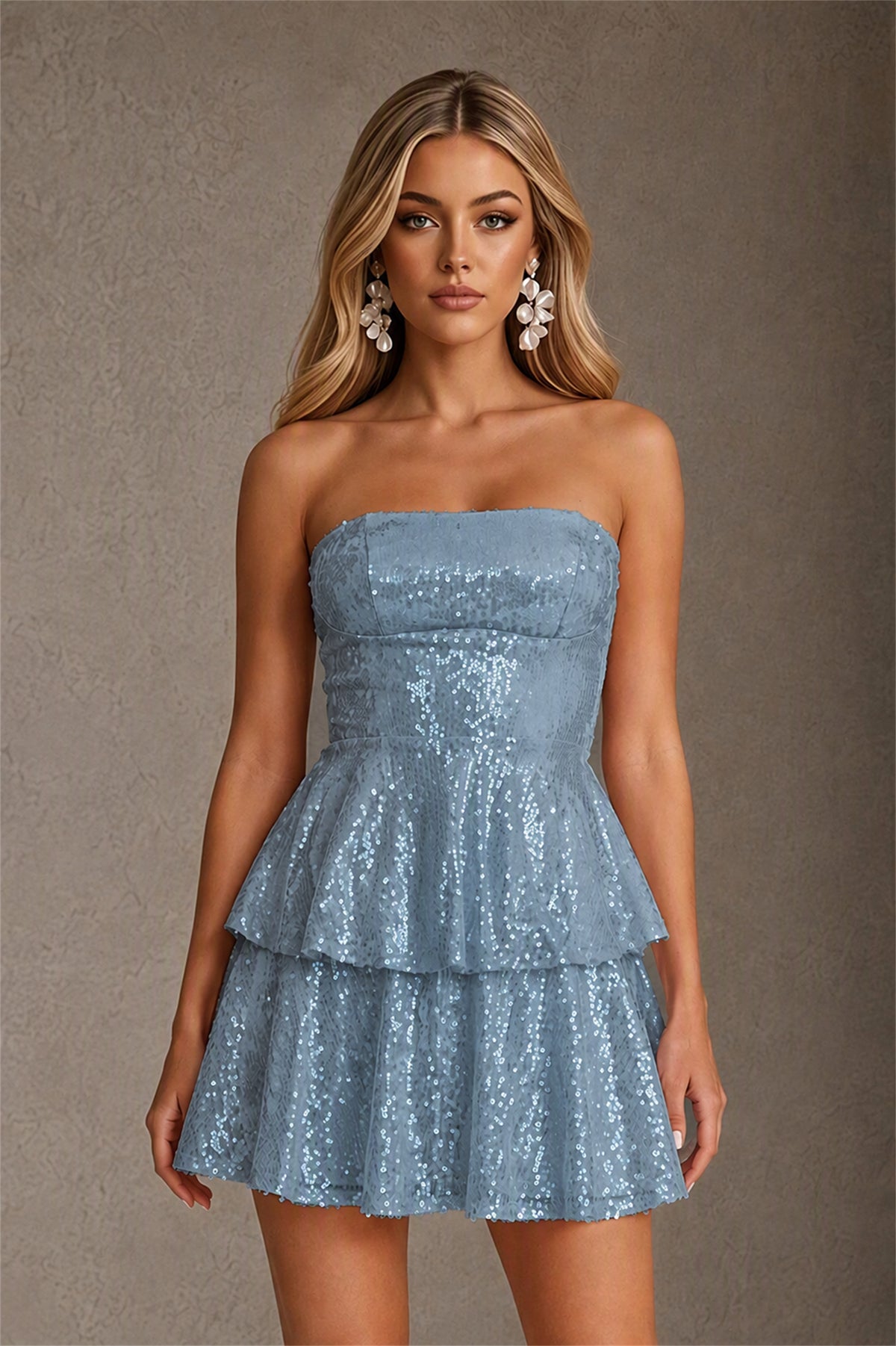 BOLODOO Dusty Blue Iridescent Sequin Strapless Open Back Bow Tiered Mini Dress | Aurora Sequin Ruffle Party Dress - Dusty Blue
