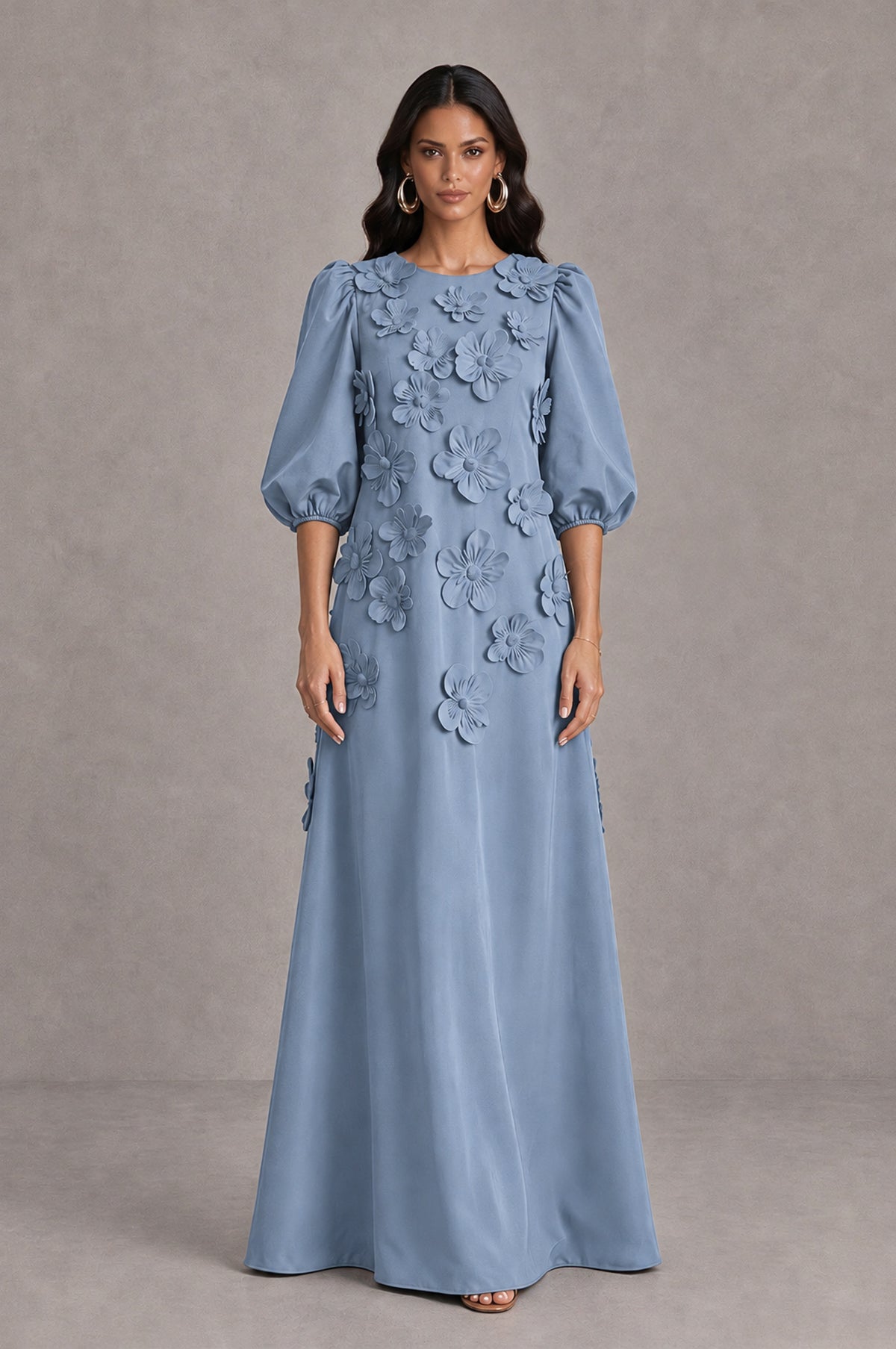 BOLODOO Dusty Blue Floral Applique Puff Sleeve A-Line Evening Dress - Dusty Blue - Dusty Blue (1)