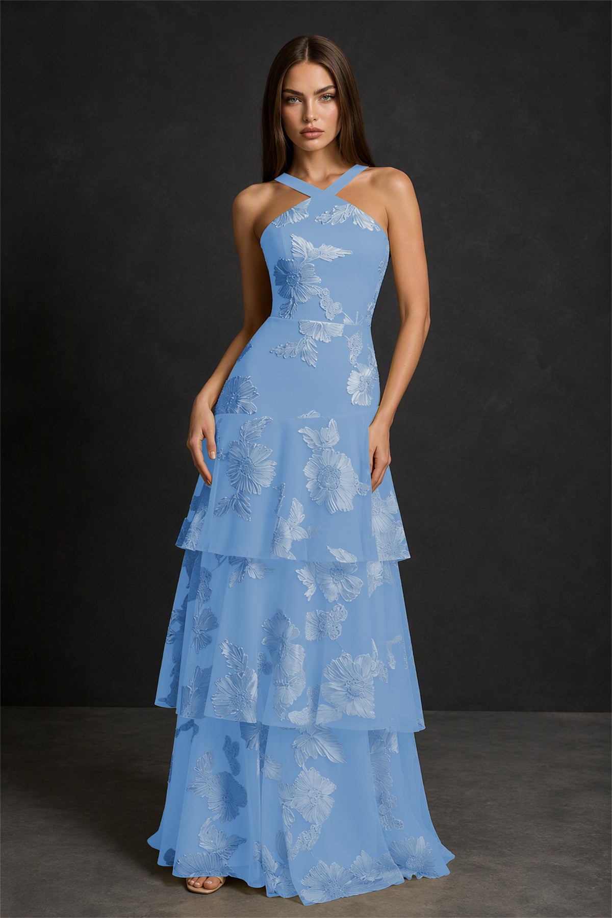 BOLODOO Dusty Blue Crisscross Halter Neck Dusty Blue Floral Embroidered Triple Tiered A-Line Tulle Maxi Dress - Dusty Blue