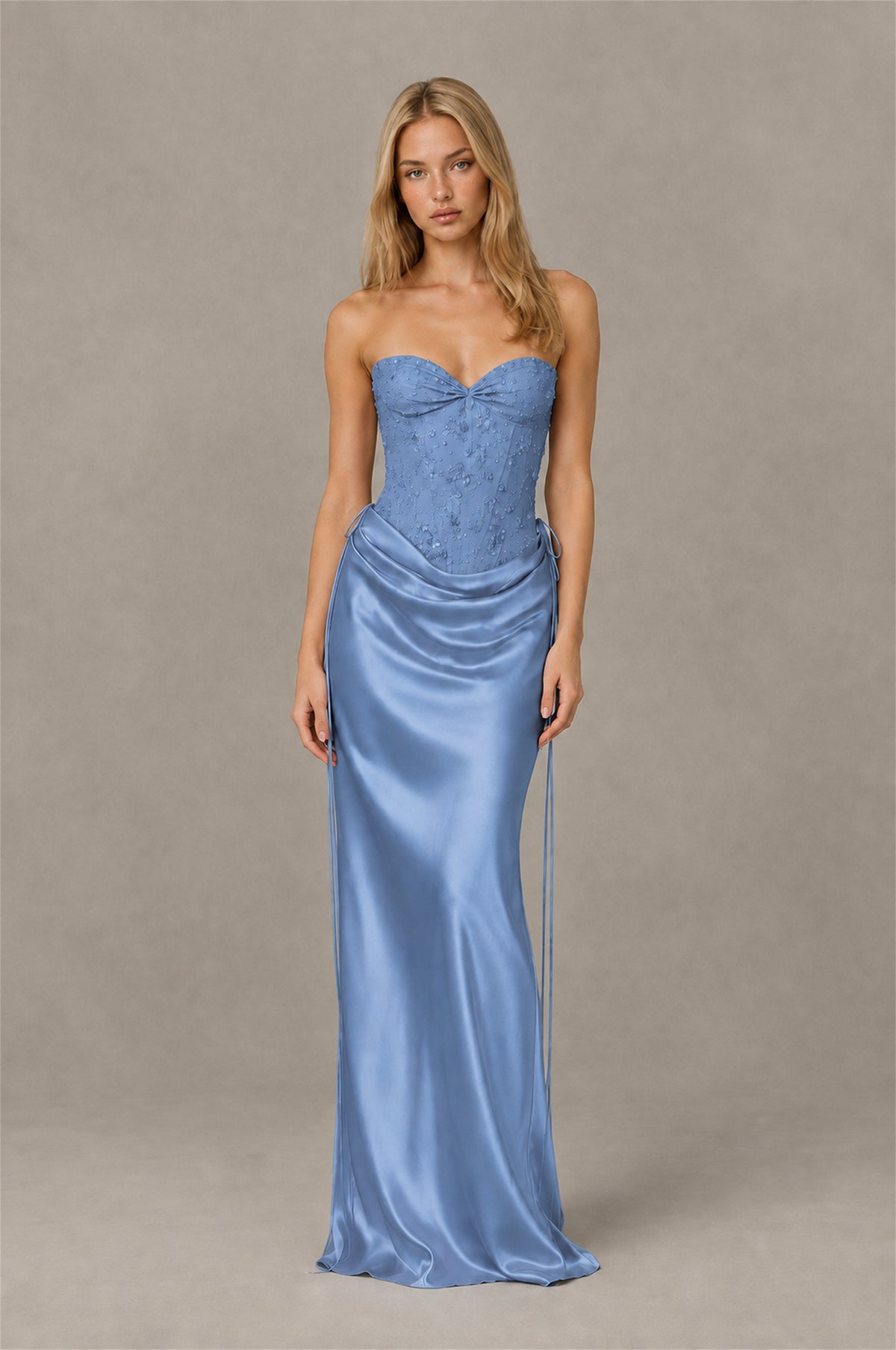 BOLODOO Dusty Blue Strapless Embellished Corset Satin-Look Maxi Dress - Dusty Blue