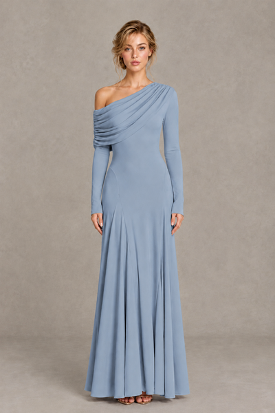 BOLODOO Dusty Blue Asymmetric Draped Long Sleeve Evening Gown - Dusty Blue
