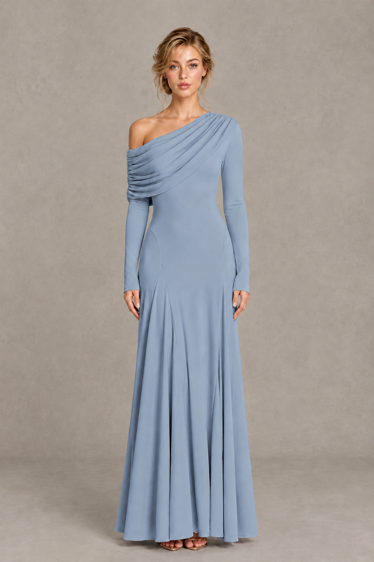 BOLODOO Dusty Blue Asymmetric Draped Long Sleeve Evening Gown - Dusty Blue