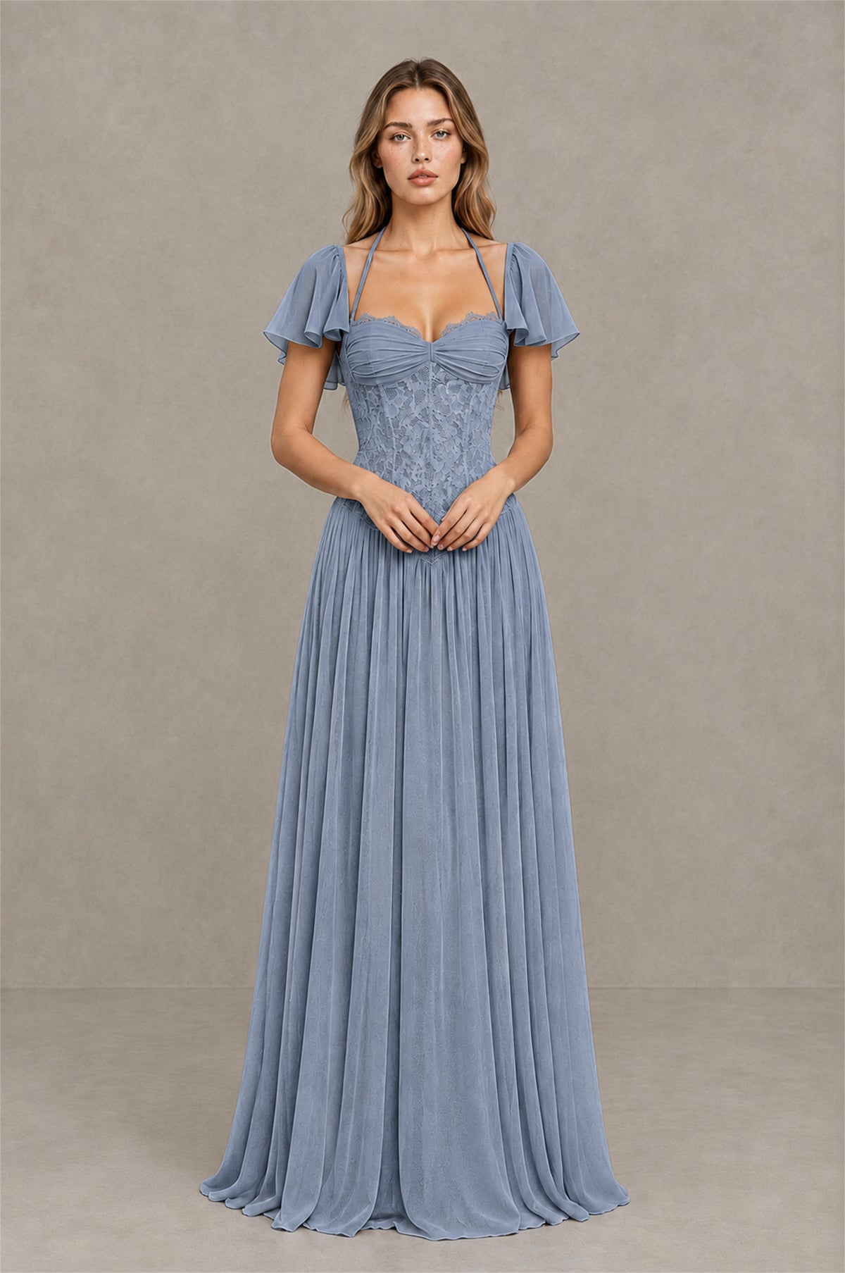 BOLODOO Dusty Blue Flutter Sleeve Lace Corset A-Line Maxi Dress - Dusty Blue - Dusty Blue (1)