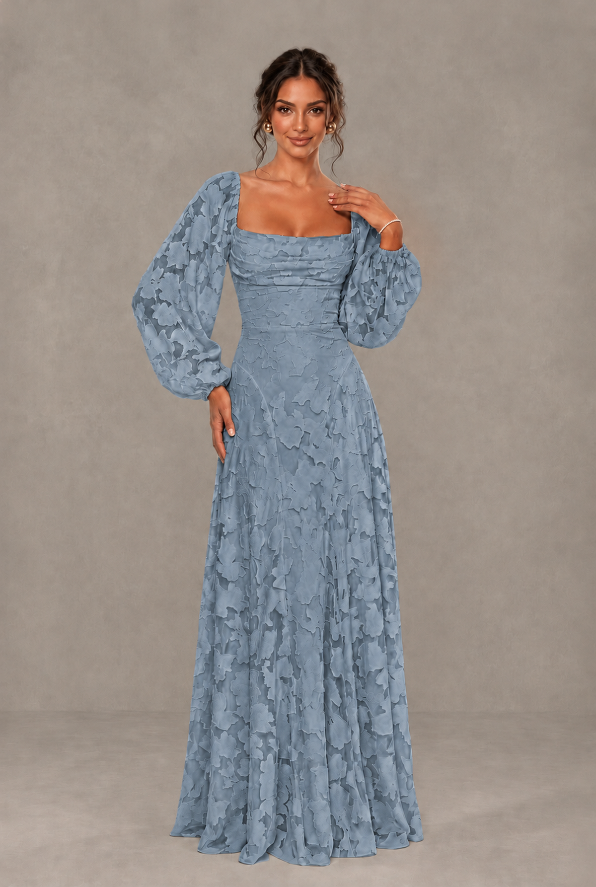BOLODOO Floral Dusty Blue Long Sleeve A-Line Dress with Lace-Up Back - Dusty Blue