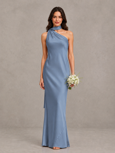 BOLODOO Dusty Blue Satin One-Shoulder Bridesmaid Dress with Open Back - Dusty Blue - Dusty Blue (1)