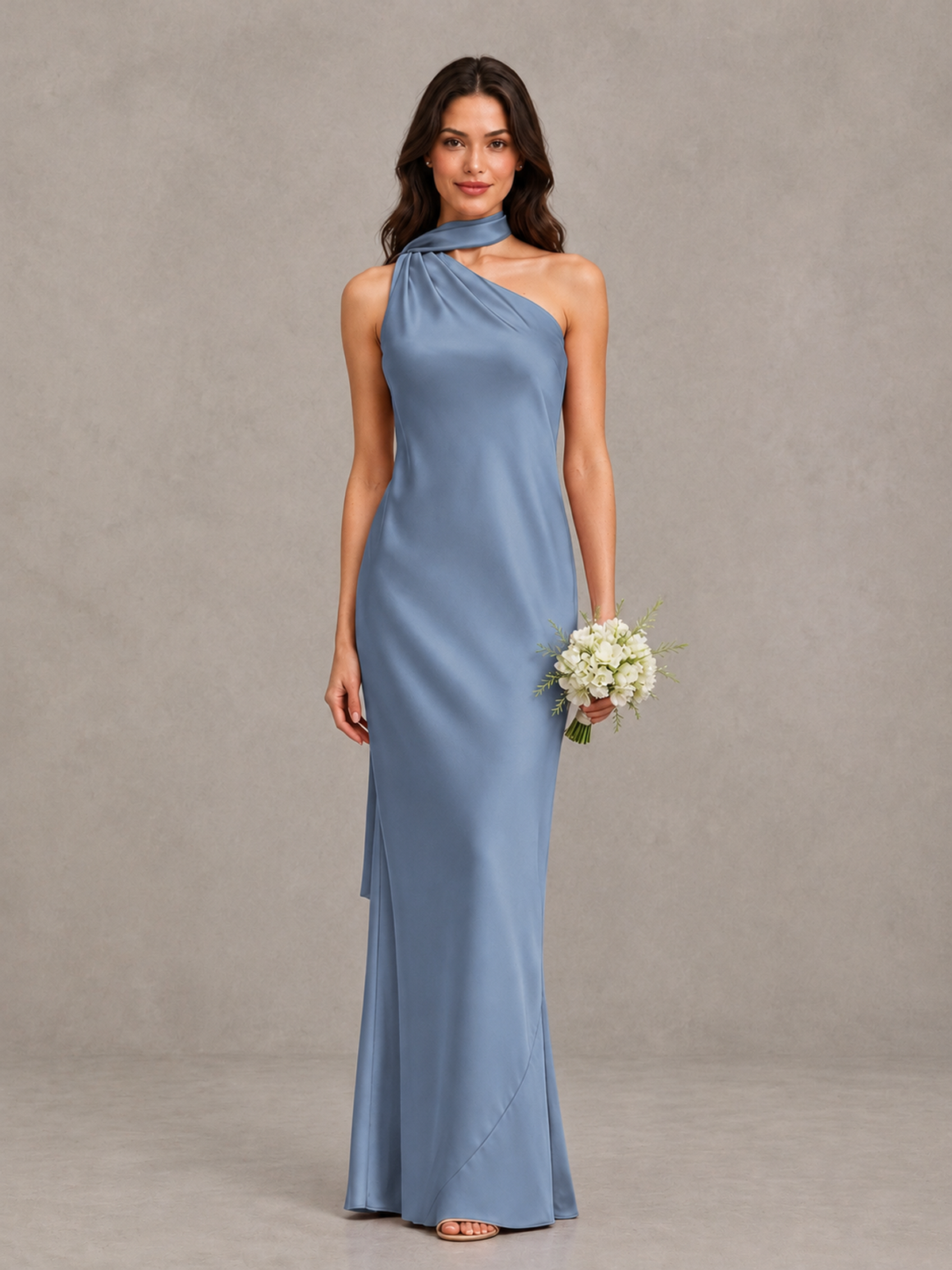 BOLODOO Dusty Blue Satin One-Shoulder Bridesmaid Dress with Open Back - Dusty Blue - Dusty Blue (1)