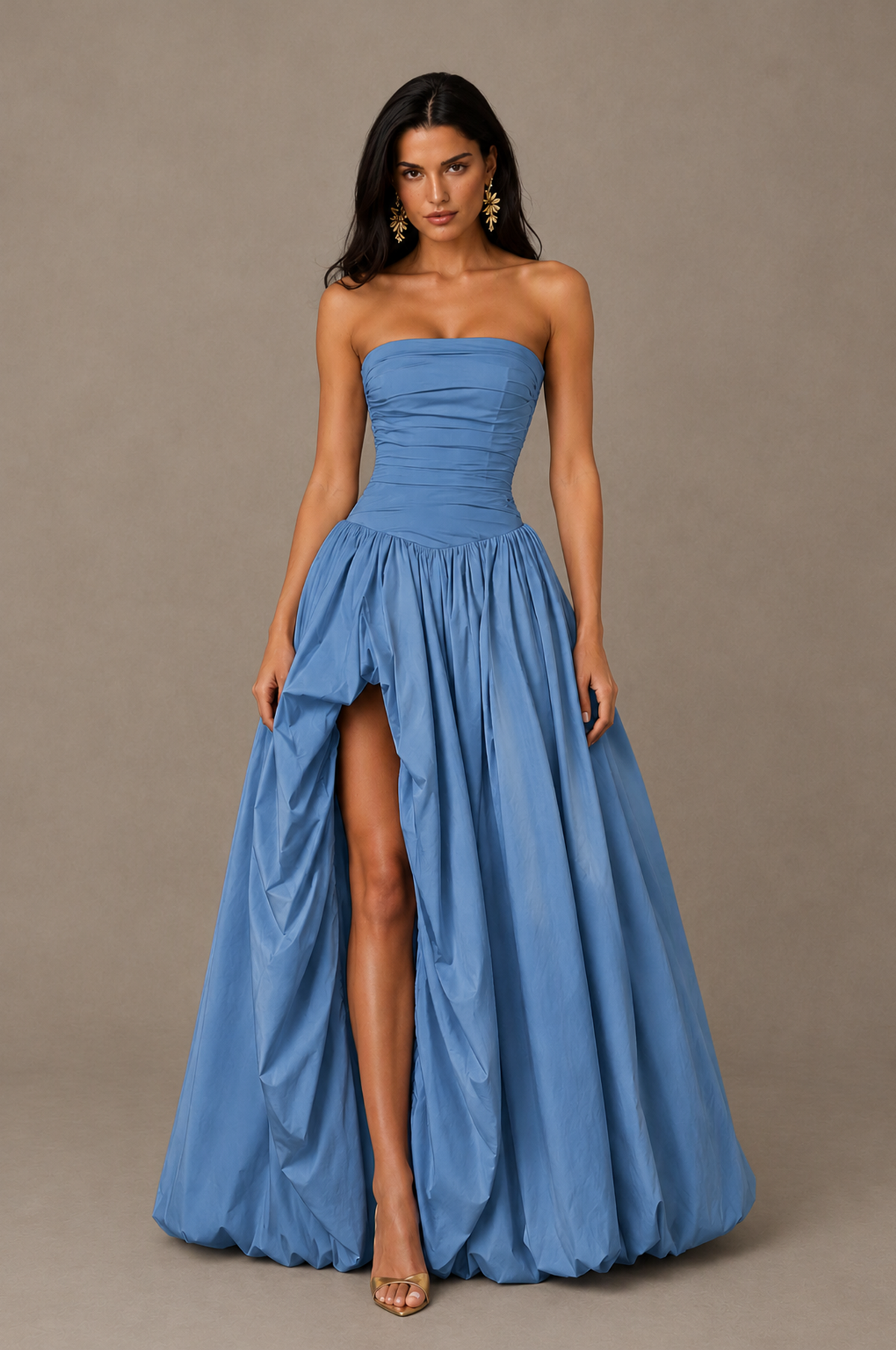 BOLODOO Dusty Blue Strapless Ruched Corset Lace-Up Back Bubble Skirt High Slit Taffeta Maxi Dress - Dusty Blue