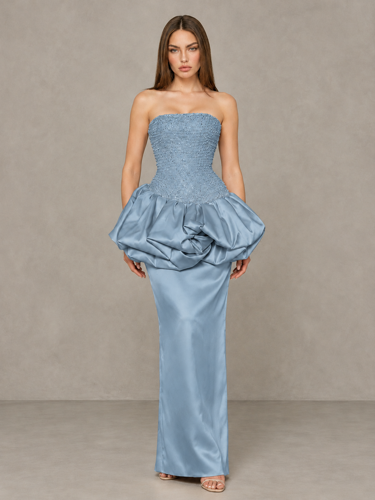 BOLODOO Dusty Blue Strapless Embellished Bubble Peplum Evening Dress - Dusty Blue - Dusty Blue (1)