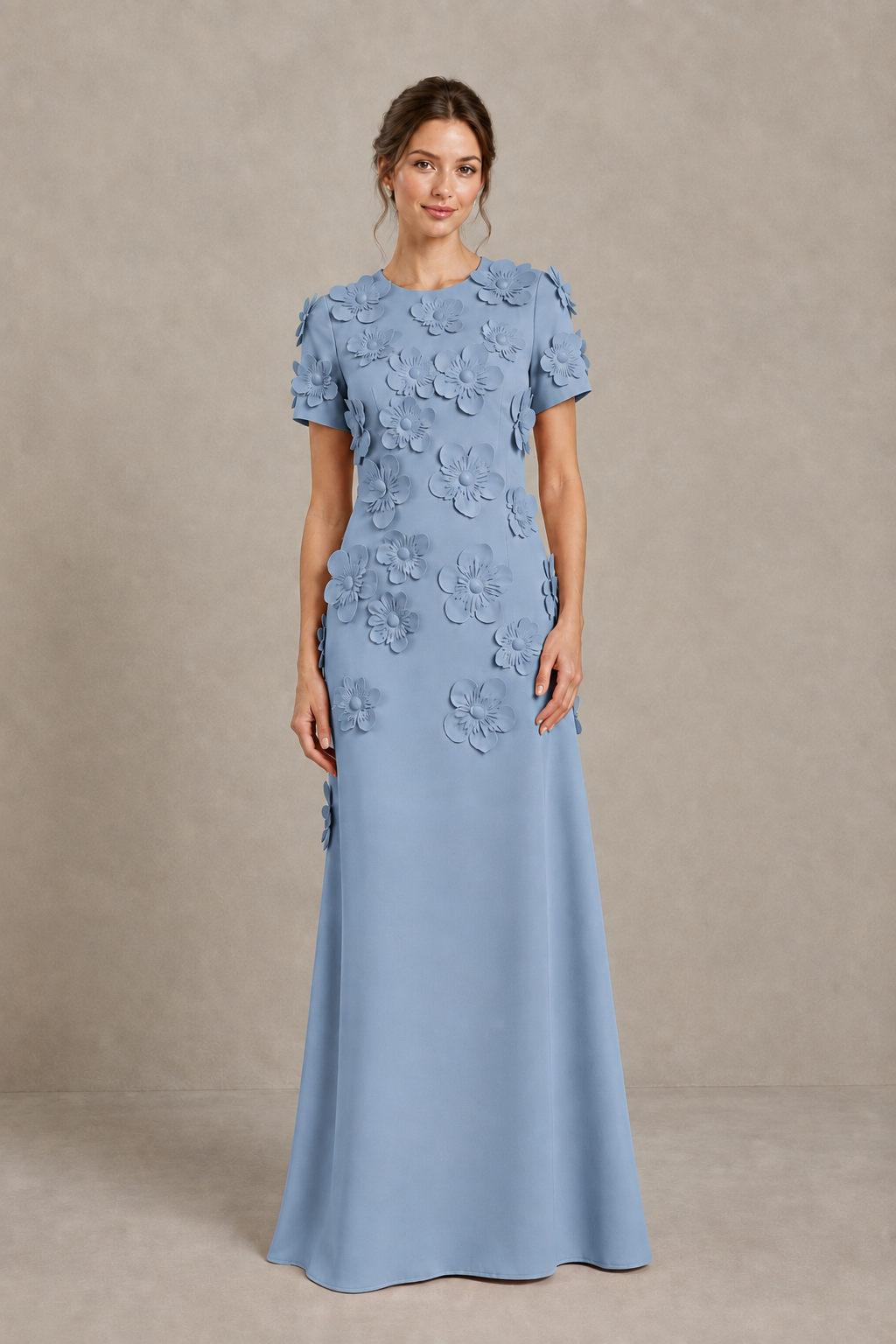 BOLODOO Dusty Blue Textured Floral Maxi Dress with Short Sleeves - Dusty Blue