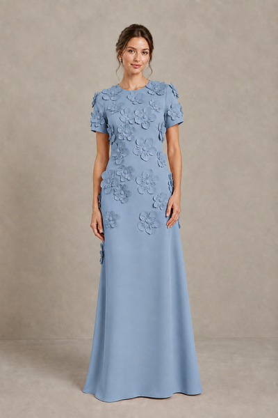 BOLODOO Dusty Blue Textured Floral Maxi Dress with Short Sleeves - Dusty Blue